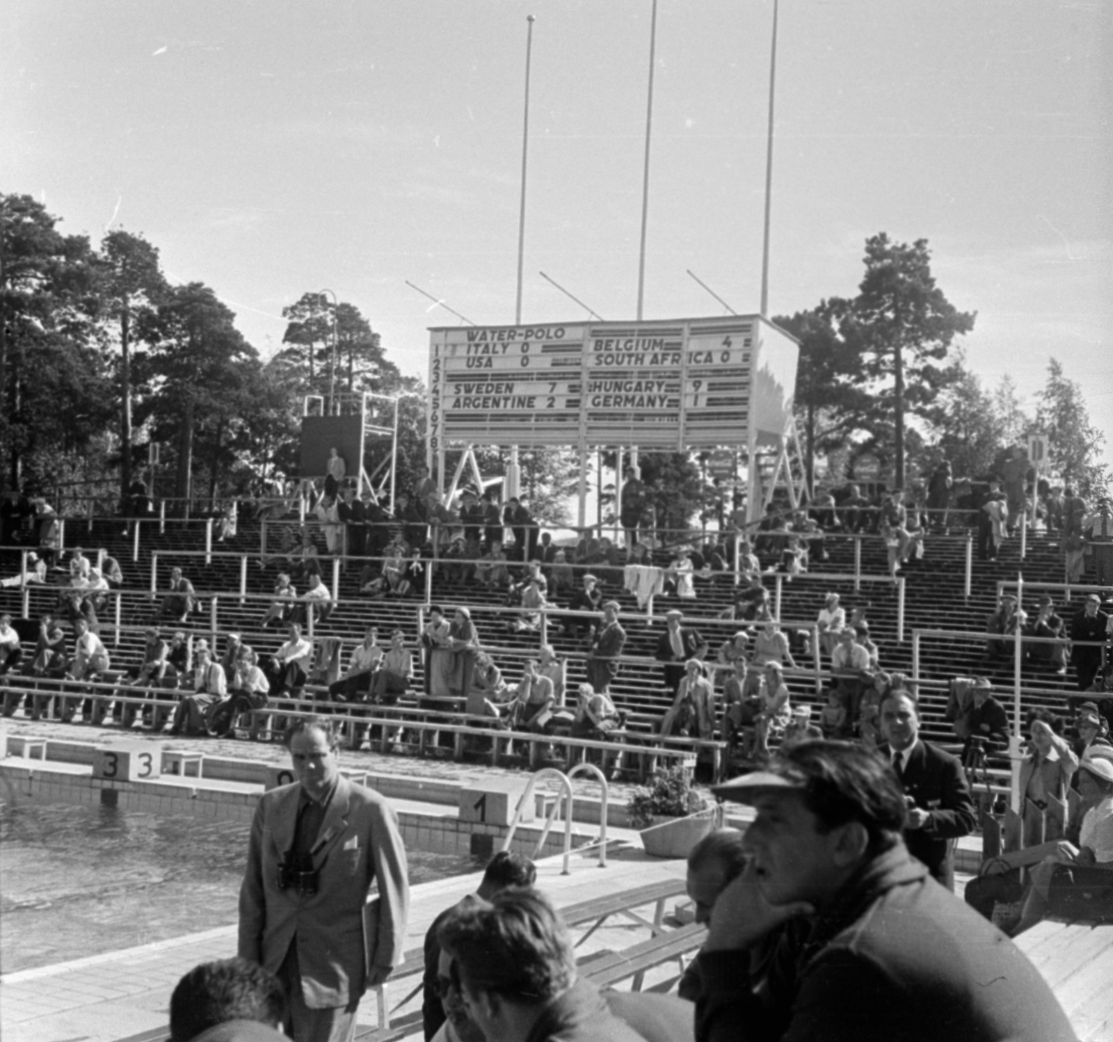 Finnország, Helsinki, XV. nyári olimpiai játékok., 1952, Bojár Sándor, képarány: négyzetes, nézőtér, eredményjelző, Fortepan #180434