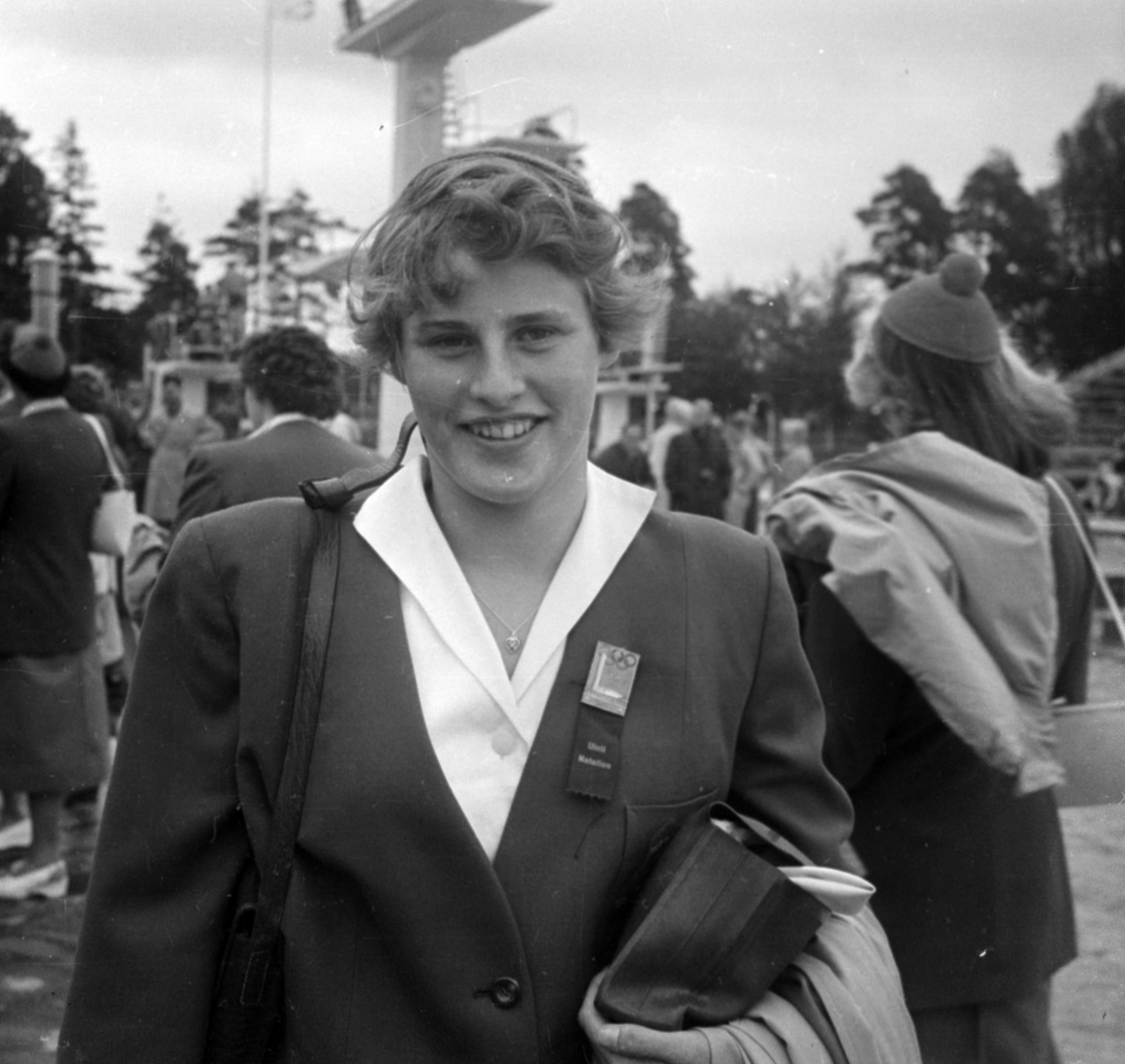 Finland, Helsinki, XV. nyári olimpiai játékok. Geertje Wielema holland úszónő., 1952, Bojár Sándor, smile, sportsperson, photo aspect ratio: square, uniform, swimming, woman, Fortepan #180491