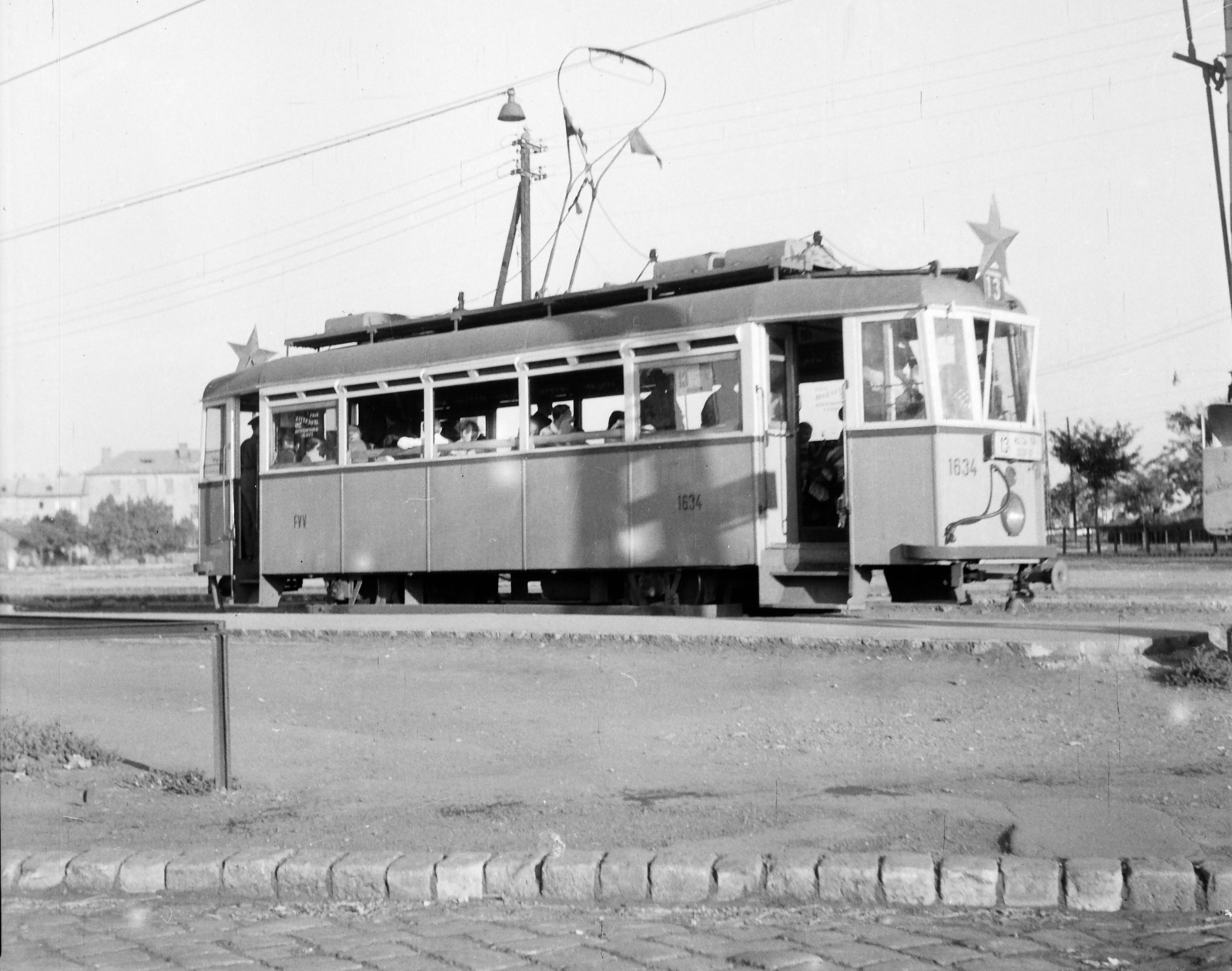 Hungary, Budapest IX., Ecseri út az Üllői útnál., 1957, Székács András, tram, Red Star, Budapest, FVV-organisation, public transport line number, Fortepan #18144