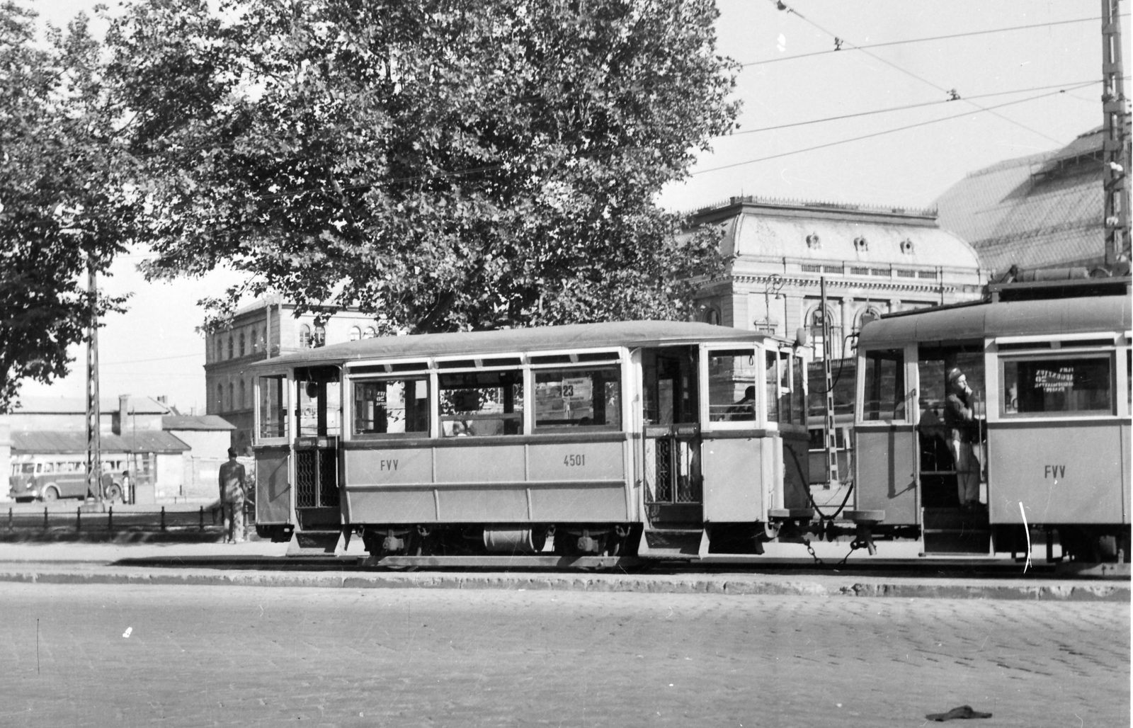 Hungary, Budapest VIII., Baross tér., 1957, Székács András, tram, Budapest, FVV-organisation, public transport line number, Fortepan #18167