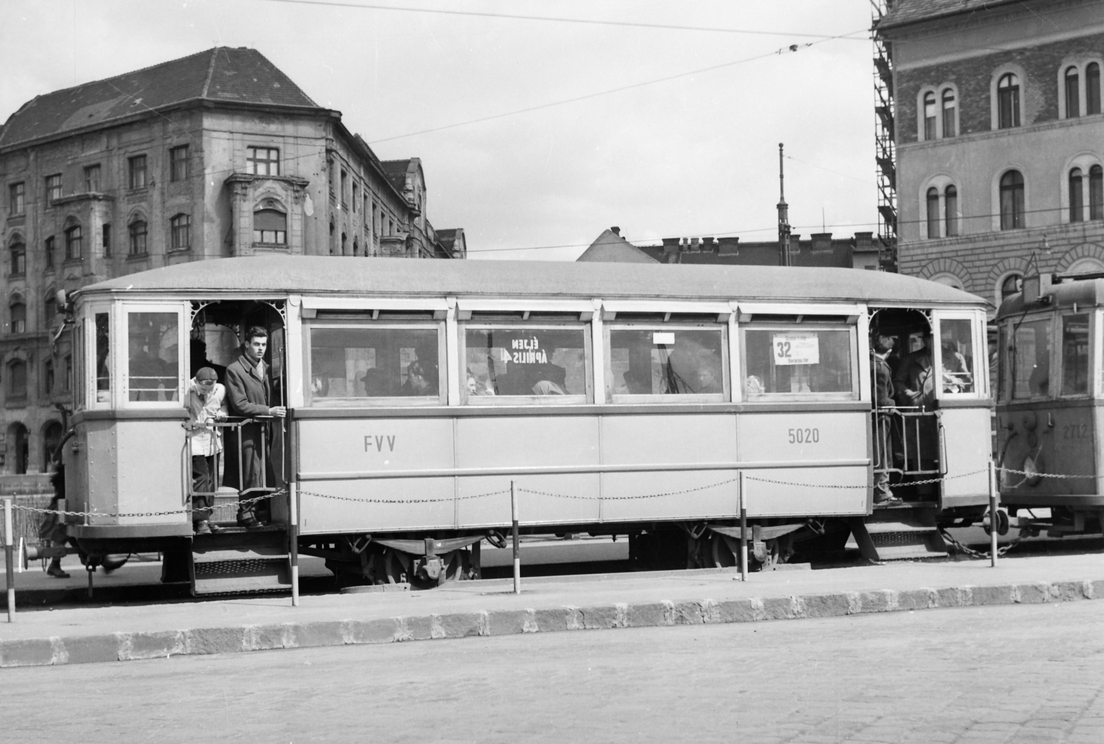 Hungary, Budapest IX., Boráros tér (a villamos mögött az Angyal utca torkolata)., 1957, Székács András, tram, slogan, Budapest, FVV-organisation, public transport line number, Fortepan #18172