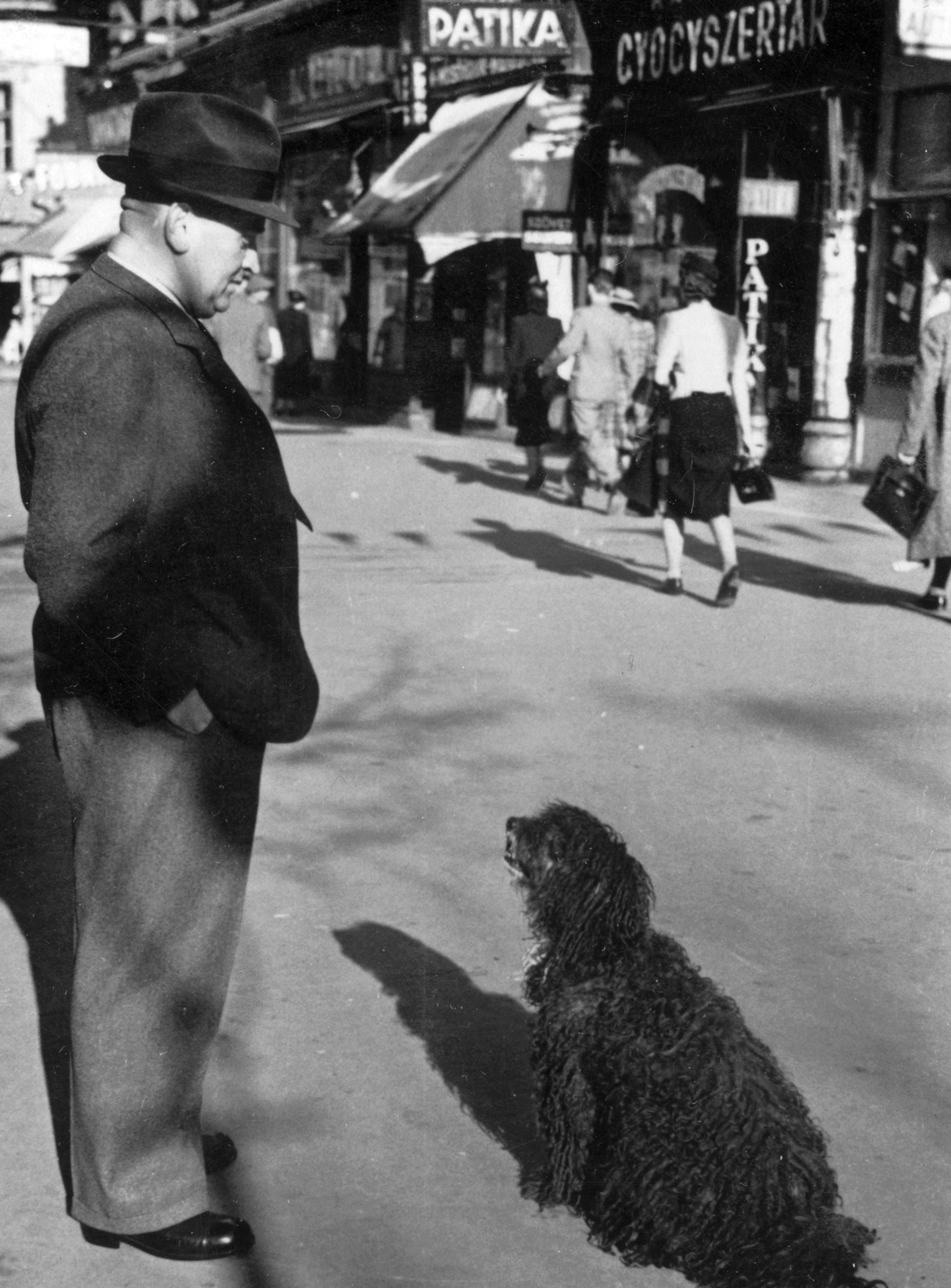 Magyarország, Budapest VIII., Rákóczi út páratlan oldala az Uránia mozitól a Vas utca felé nézve., 1940, Fortepan, kutya, Budapest, kutyasétáltatás, Fortepan #18357