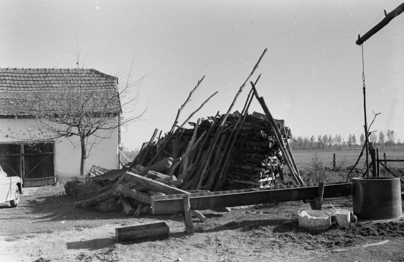 Hungary, Kunszentmiklós, a tsz-elnök, Selyem Zsigmond tanyája, a Csend és kiáltás című film forgatási helyszíne. A film rendezője Jancsó Miklós, operatőre Kende János., 1968, Kende János, farm, shadoof, water trough, Fortepan #185115