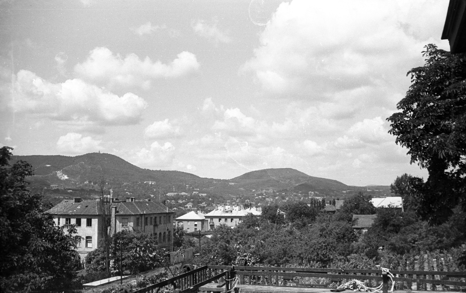Hungary, Budapest II., kilátás a Ruszti út 6. számú ház teraszáról a János-hegy, Kis-Hárs-hegy és Nagy-Hárs-hegy felé, előtérben a Présház utca és a Központi Élelmiszeripari Kutató Intézet (később Agrártudományi Kutatóközpont) épülete., 1960, Kende János, Budapest, picture, Fortepan #185357