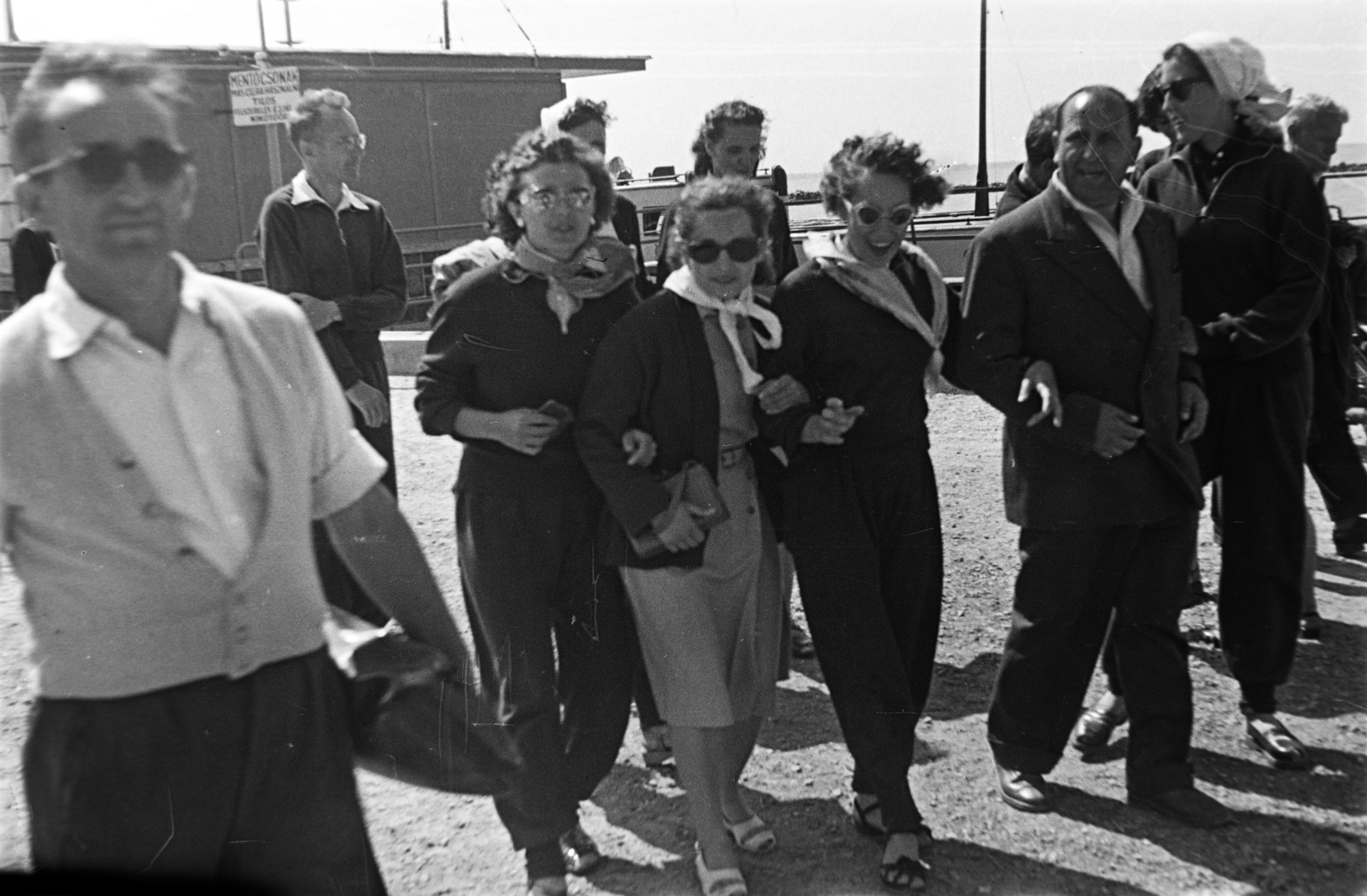 1955, Tóth Tibor, tourist, hold upper arms, shades, boat station, Fortepan #185527