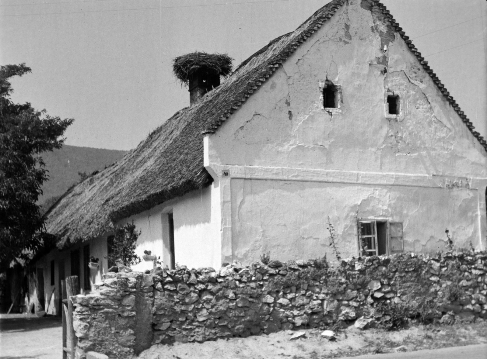 1960, Kádár József, fence, thatched roof, freestone, chimney, stork nest, Fortepan #185812