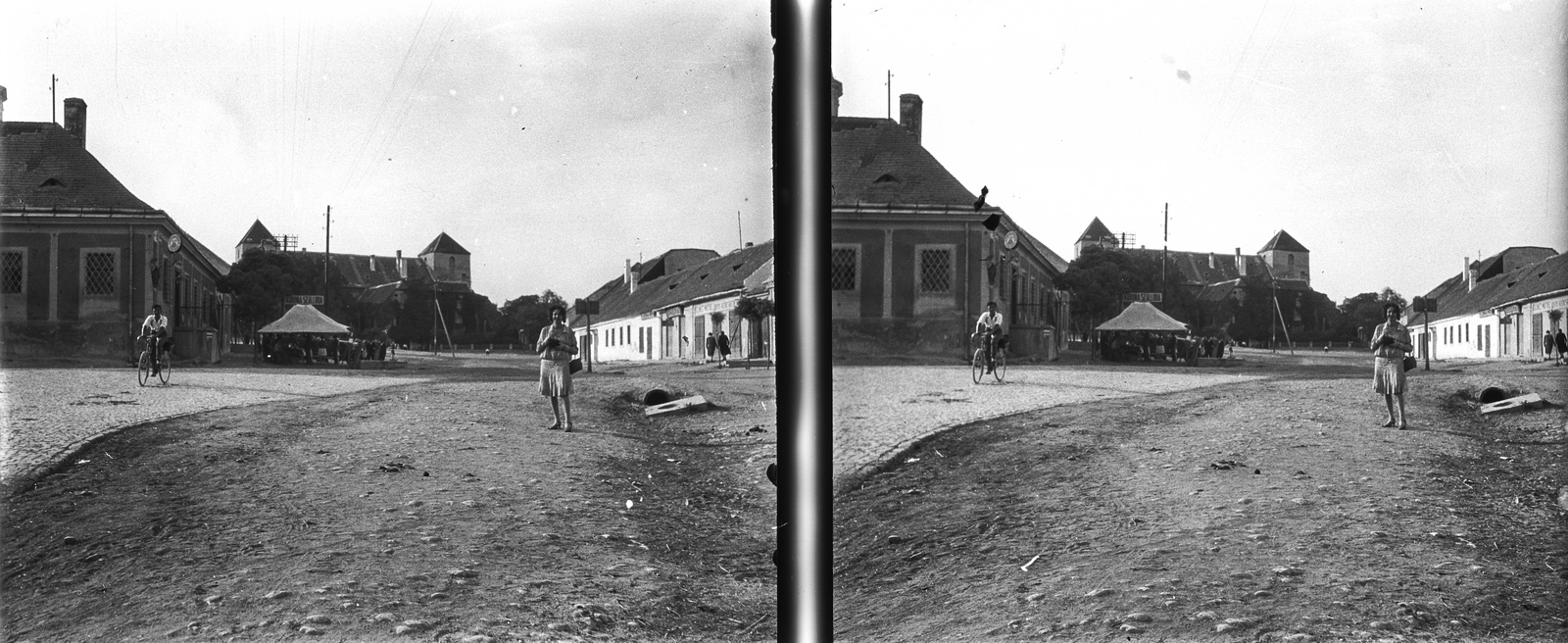 Hungary, Várpalota, Hunyadi Mátyás (Fő) tér, Thury-vár., 1931, Kárpáti György Mór, stereophoto, bicycle, Fortepan #185998