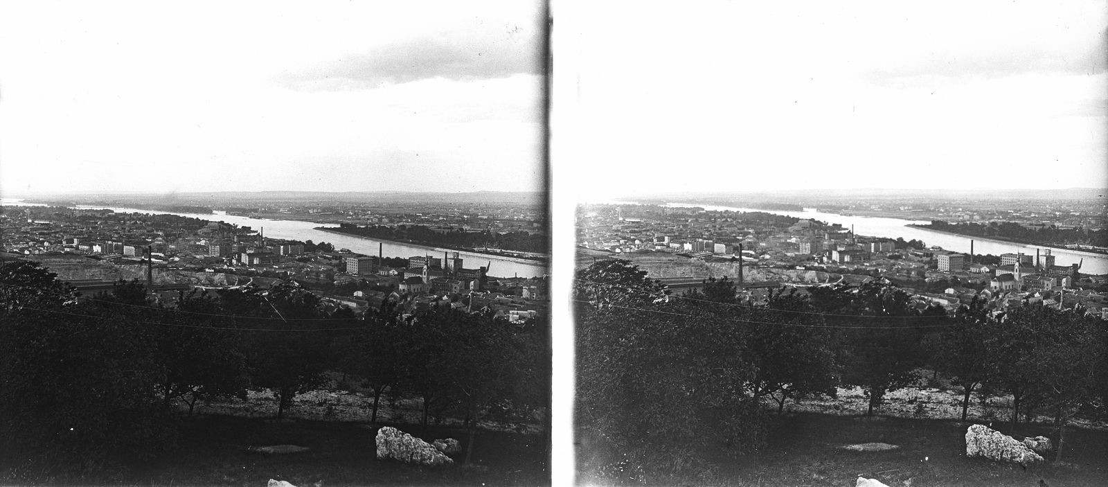 Hungary, Budapest II., József-hegyi kilátó, panoráma Óbuda felé, jobbra a Margit-sziget és az Újlaki templom., 1931, Kárpáti György Mór, stereophoto, Budapest, Fortepan #186017