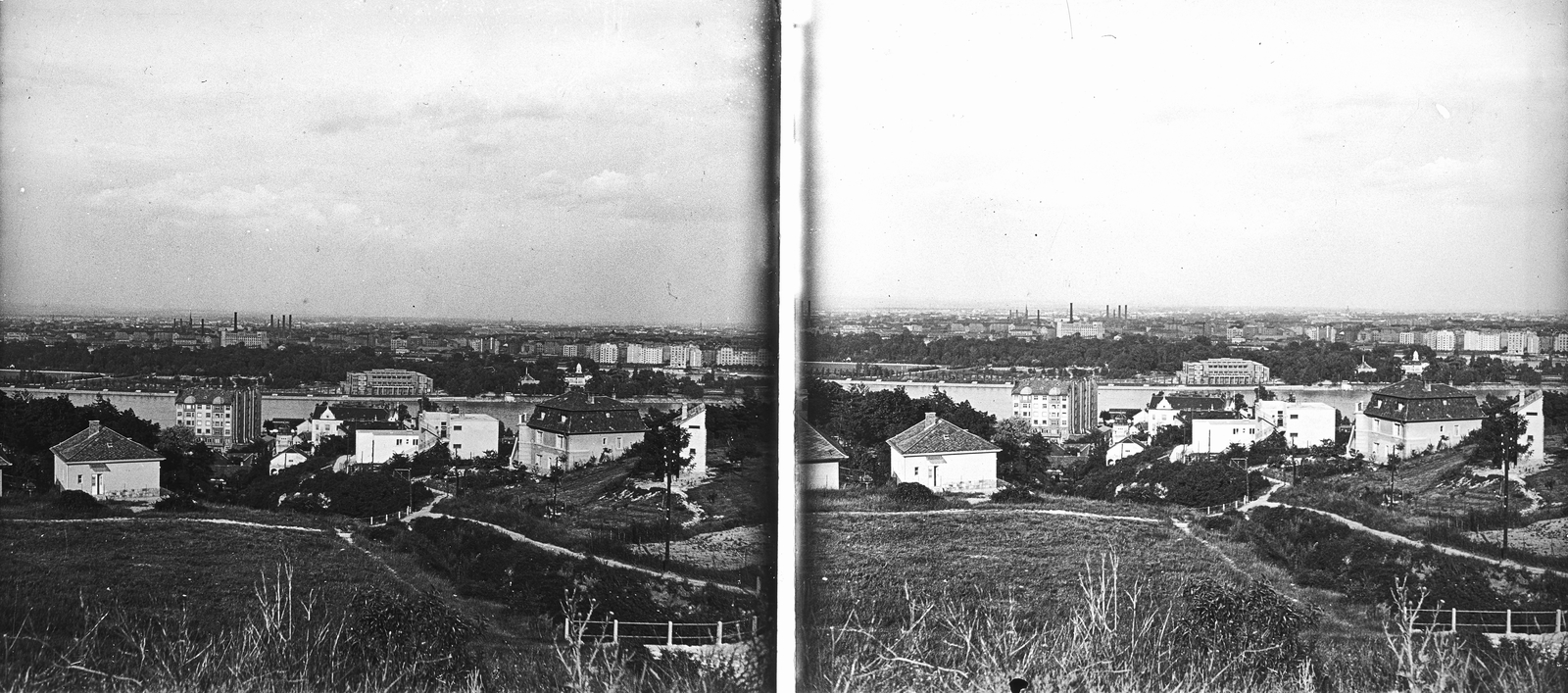 Hungary, Budapest II., a Kavics utca a Szeréna út felől, jobbra a Kavics utca 10. számú villa. A kép közepén, a Margitszigeten a Hajós Alfréd Nemzeti Sportuszoda., 1933, Kárpáti György Mór, stereophoto, Budapest, Fortepan #186018