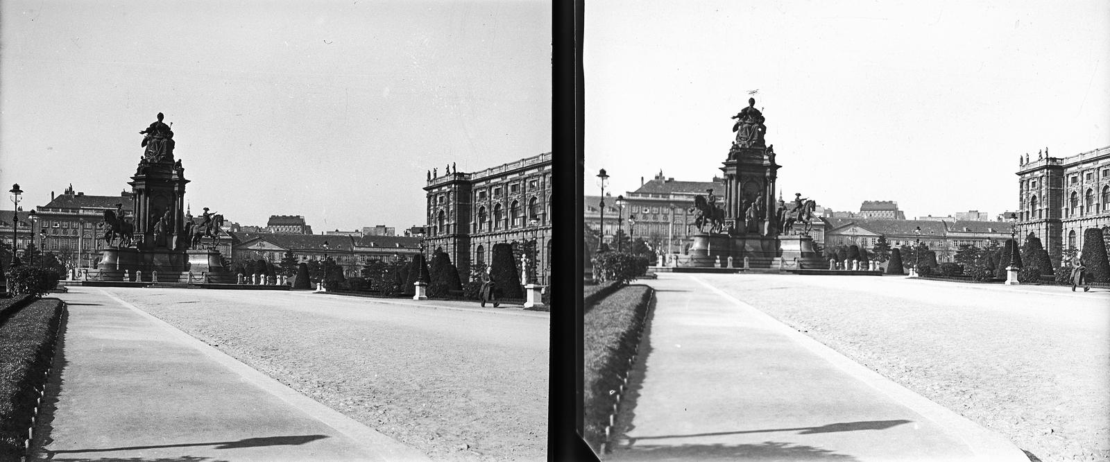 Austria, Vienna, Maria Theresien Platz, balra a Mária Terézia emlékmű, jobbra a Naturhistorisches Museum látszik., 1930, Kárpáti György Mór, stereophoto, Maria Theresa portrayal, Fortepan #186038