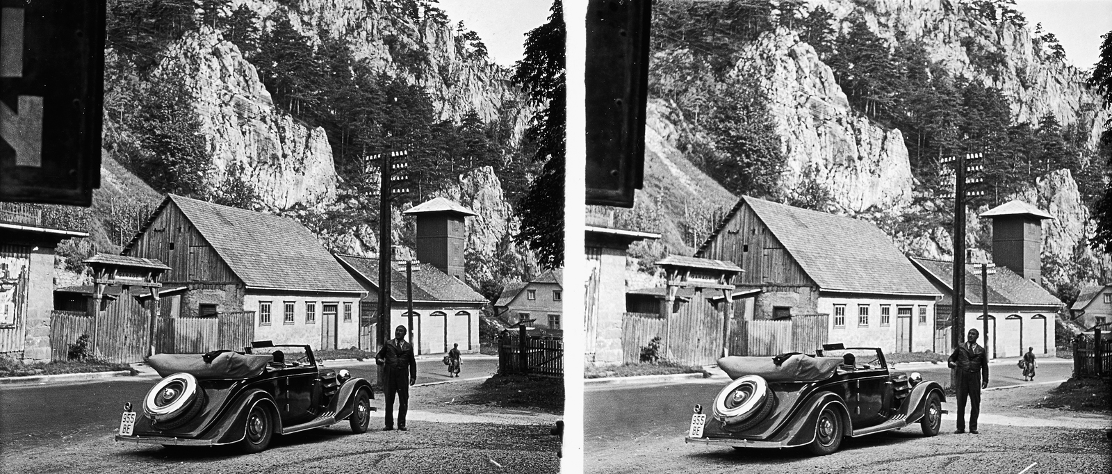 1936, Kárpáti György Mór, sztereófotó, pótkerék, fedeles kapu, hegyoldal, rendszám, szikla, automobil, Steyr-márka, távíróoszlop, Fortepan #186067