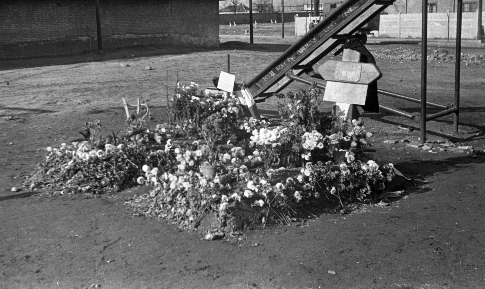 Hungary, Budapest IX., Illatos út, játszótér a Gubacsi út közeli szükséglakás-telepen. Az 1956-os forradalom alatt elesettek ideiglenes sírjai., 1956, Gulyás Zsuzsa, Budapest, flower, headstone, grave, Fortepan #186580