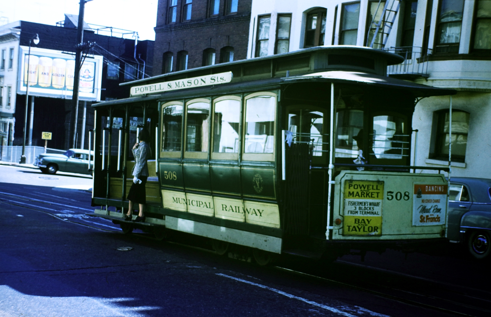 USA, San Francisco,California, kábelvasút a Powell Street-en, balra a Jackson Street., 1956, Haas Lajos dr, colorful, English sign, Fortepan #187355