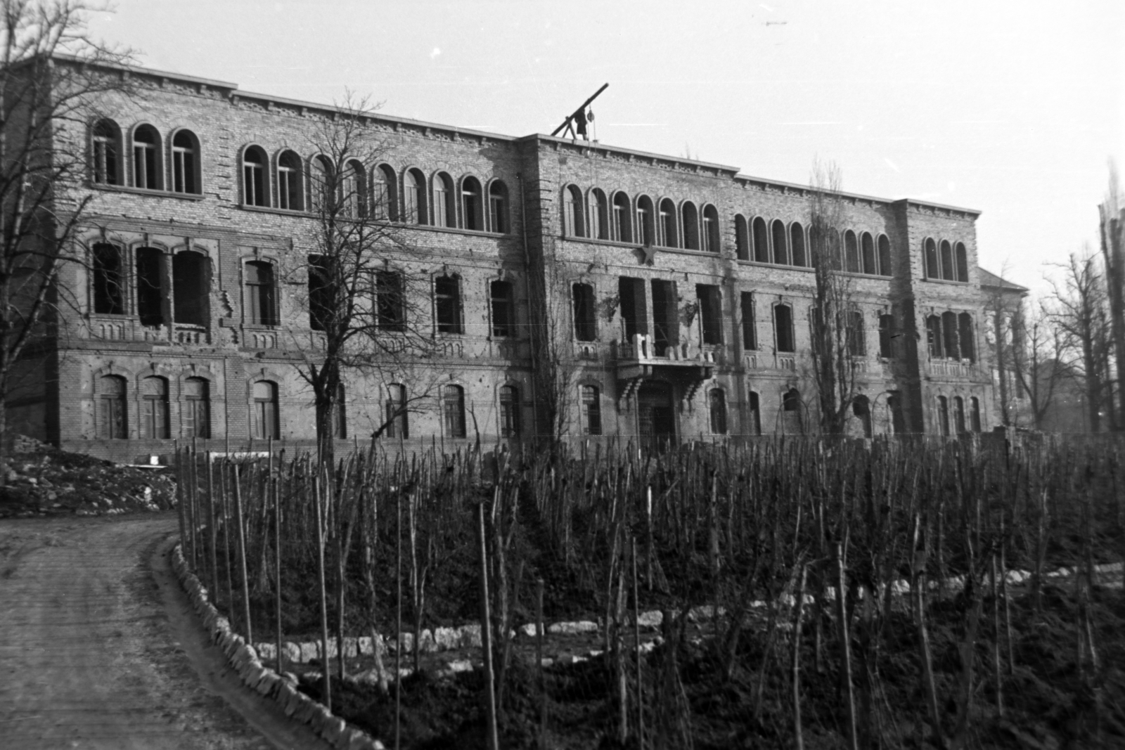 Magyarország, Budapest II., Herman Ottó út 15., az Agrokémiai Intézet épületének átépítése., 1952, Fortepan/Album018, Budapest, építkezés, vörös csillag, Fortepan #187486