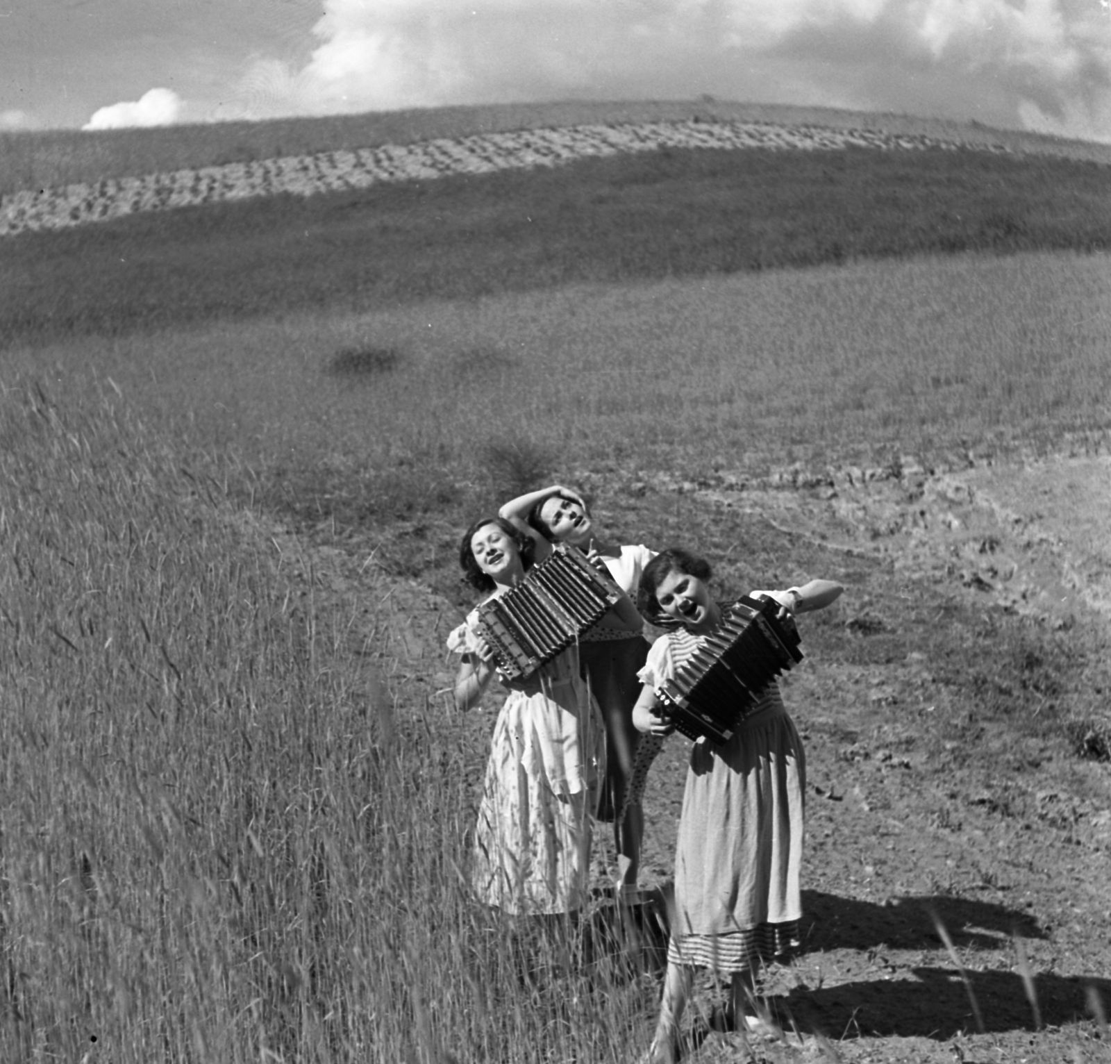 Magyarország, Solymár, 1936, Urbán gyűjtemény, vidámság, tangóharmonika, hárman, Fortepan #18779