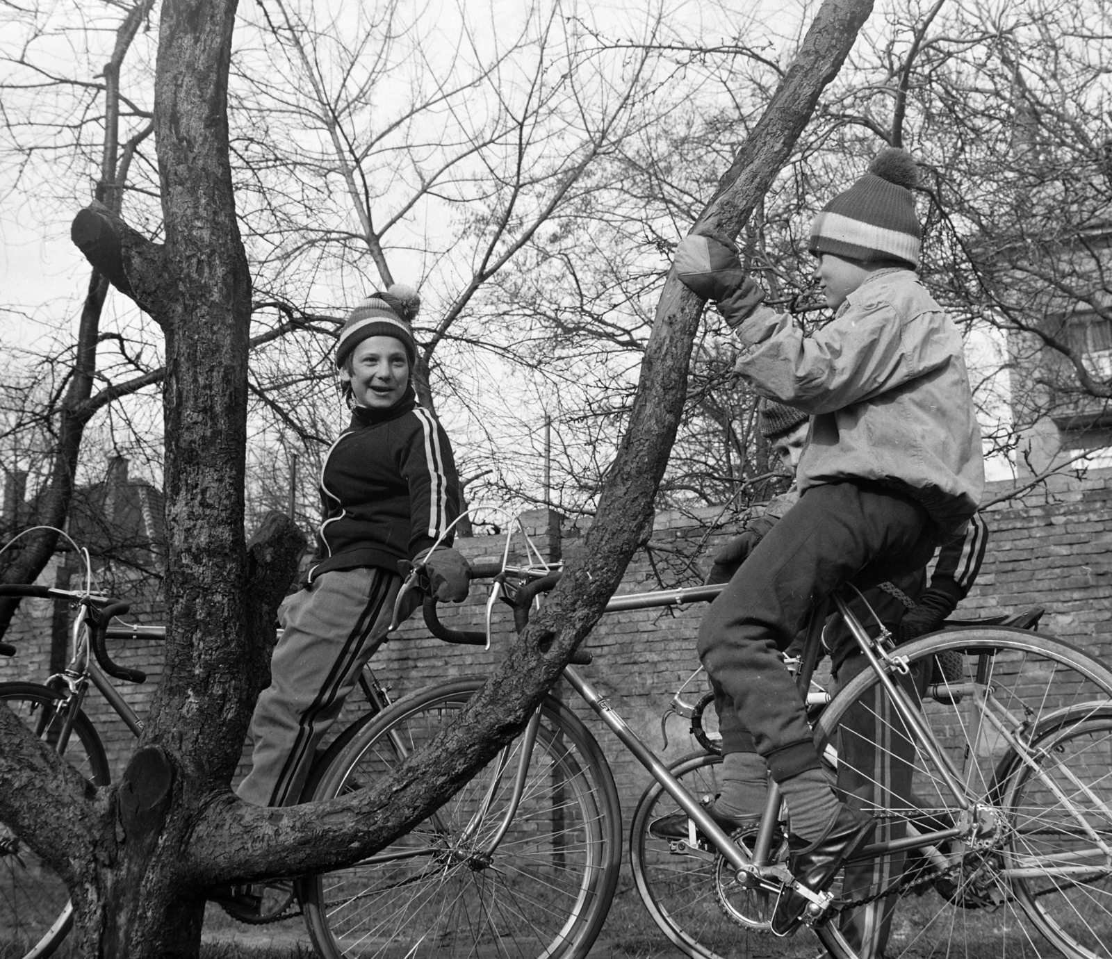 Hungary, Budapest XIV., Szabó József utca, Millenáris sporttelep. A felvétel a Központi Sport Iskola (KSI) kerékpárműhelye közelében készült, a kerítésen túl a Thököly út., 1980, Szalay Béla, Budapest, racing bicycle, boys, Fortepan #187799