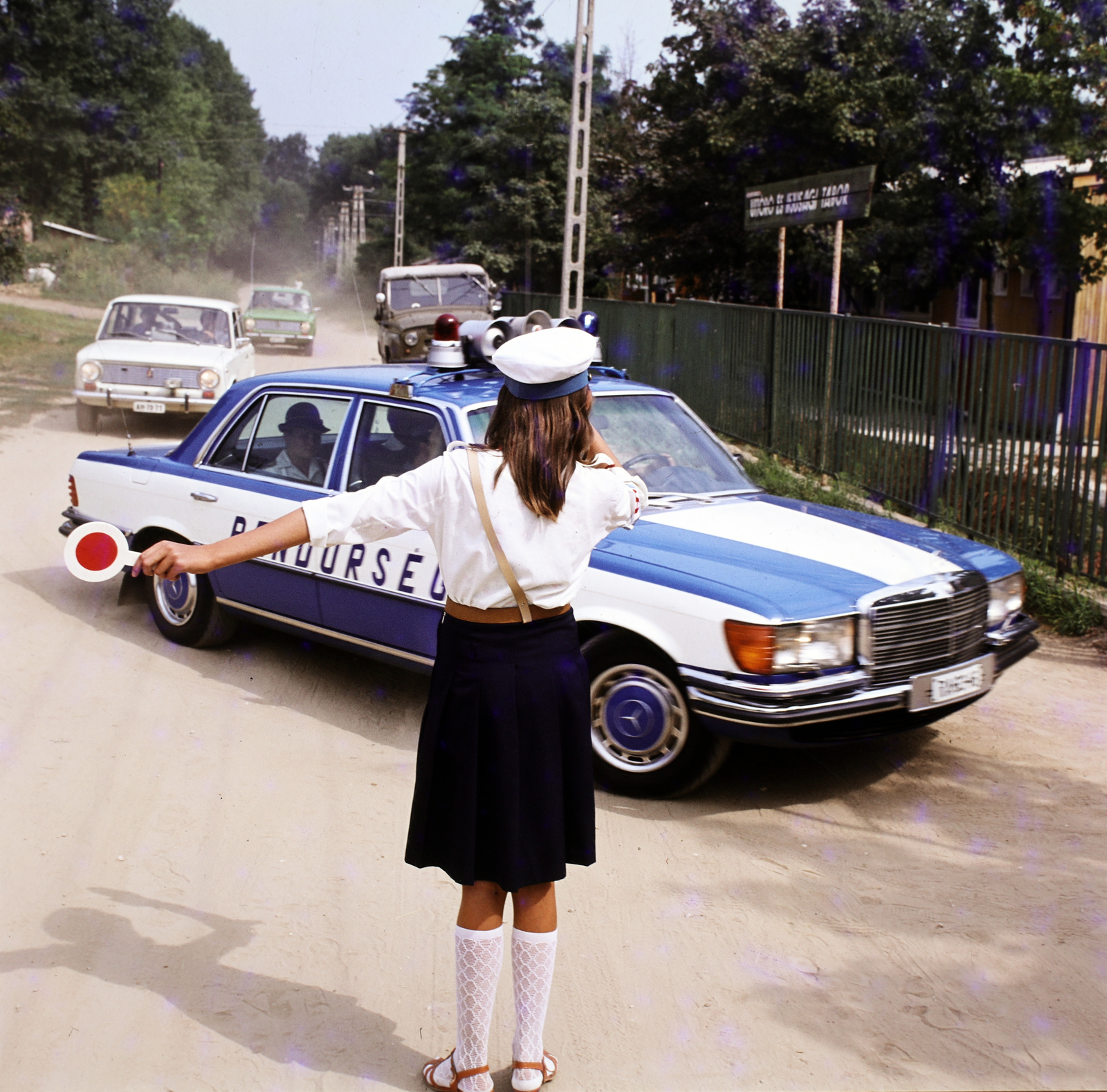1980, Szalay Béla, colorful, Mercedes-brand, number plate, police vehicle, Young Pioneer camp, Fortepan #187901