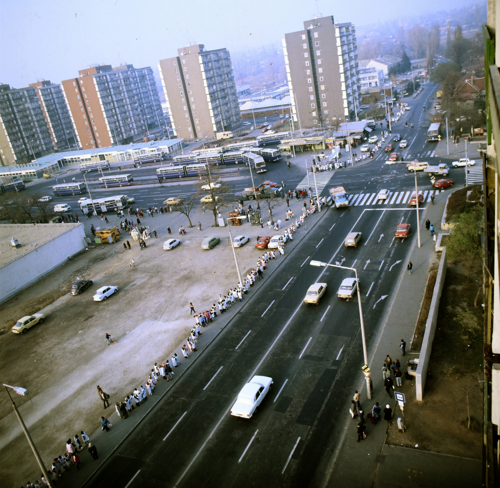 Hungary, Budapest XVII., kilátás a Ferihegyi út 78. számú házból, szemben a Fő tér (Rákoskeresztúr városközpont autóbusz-végállomás). Kisiskolások lánca a Ferihegyi úti Általános Iskolától a Kaszáló utcai Szívesházig. Dohányzás elleni felhívást adtak kézről kézre a gyerekek, amit Dr. Csehák Juditnak a minisztertanács-elnökhelyettesének adtak át., 1986, Szalay Béla, Budapest, bus, Ikarus-brand, Fortepan #188033