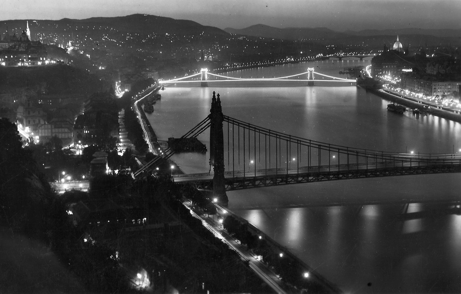 Hungary, Budapest, látkép a Gellérthegyről., 1937, TEHTUBE, bridge, picture, floodlighting, Fortepan #18867