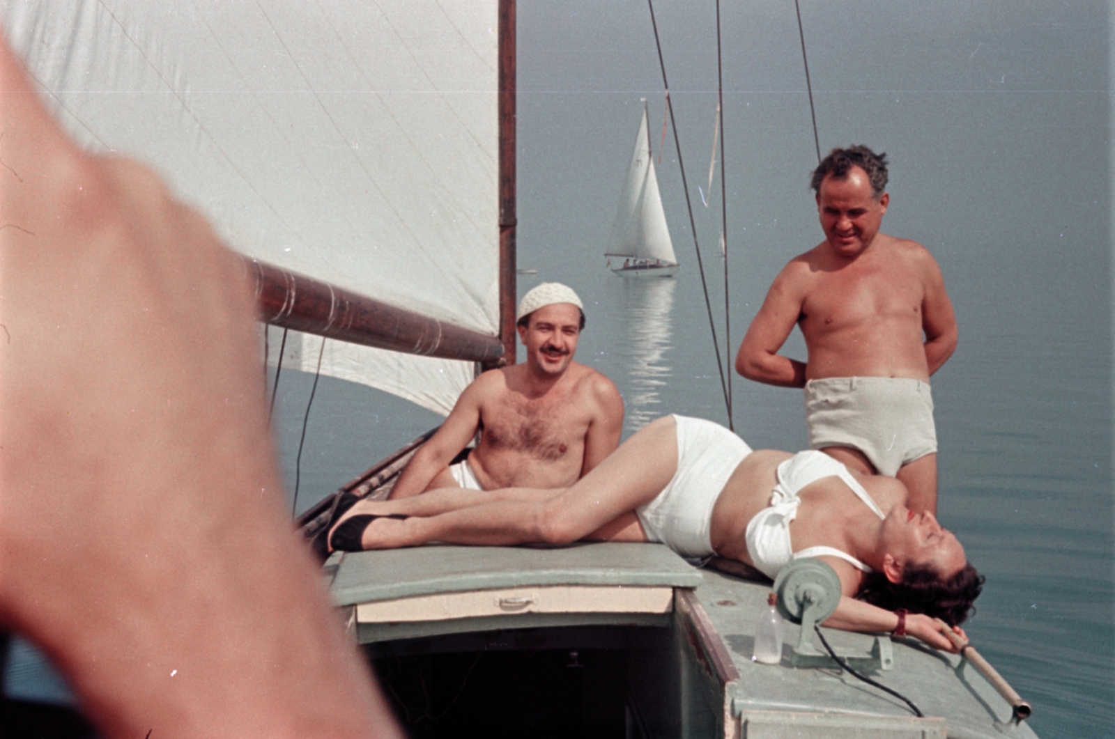 Hungary,Lake Balaton, 1959, Lőrincze Judit, colorful, ship, half-naked, sunbathe, Fortepan #188672