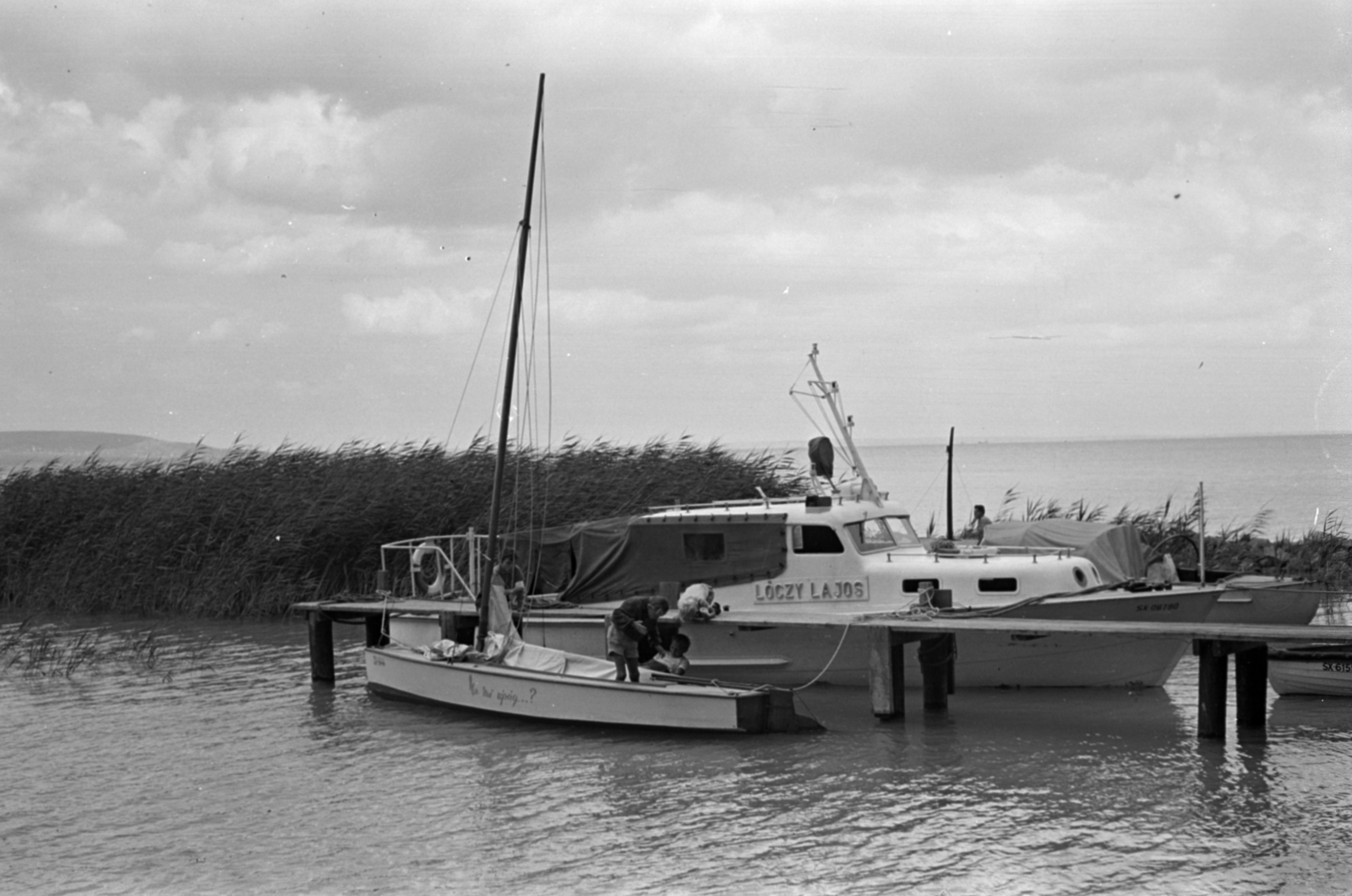 Hungary,Lake Balaton, Tihany, a stég túloldalán a Magyar Tudományos Akadémia Biológiai Kutatóintézete (később Ökológiai Kutatóközpont Balatoni Limnológiai Intézet) Lóczy Lajosról elnevezett kutatóhajója., 1959, Tölg Anna, reed, Fortepan #189478