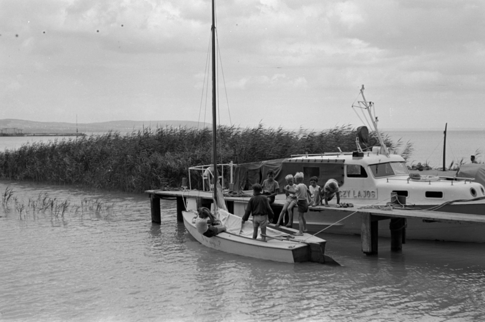 Hungary,Lake Balaton, Tihany, a stég túloldalán a Magyar Tudományos Akadémia Biológiai Kutatóintézete (később Ökológiai Kutatóközpont Balatoni Limnológiai Intézet) Lóczy Lajosról elnevezett kutatóhajója., 1959, Tölg Anna, reed, Fortepan #189479