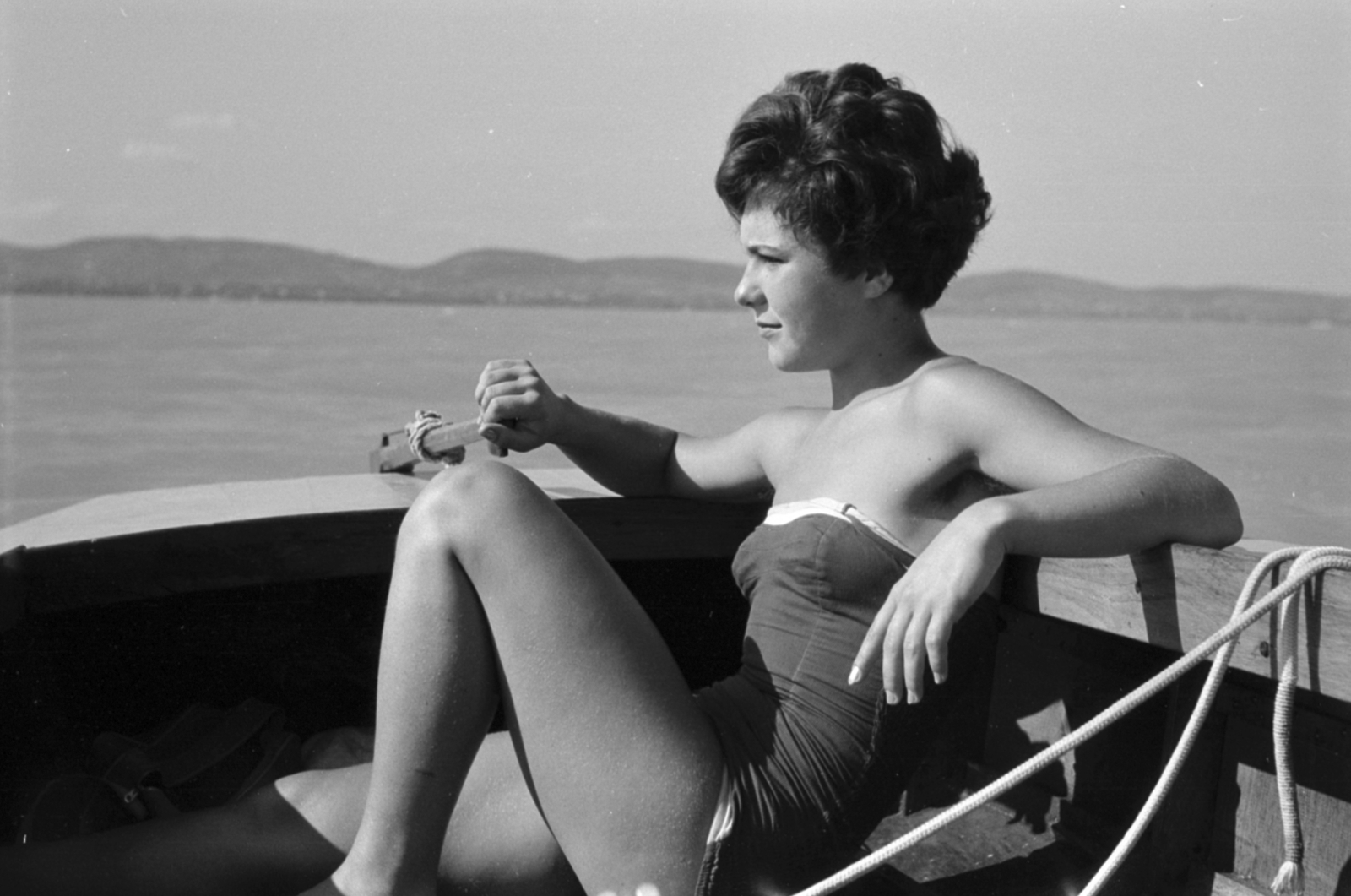 1960, Tölg Anna, hölgy, fürdőruha, arc profil, vitorlázás, Fortepan #189538