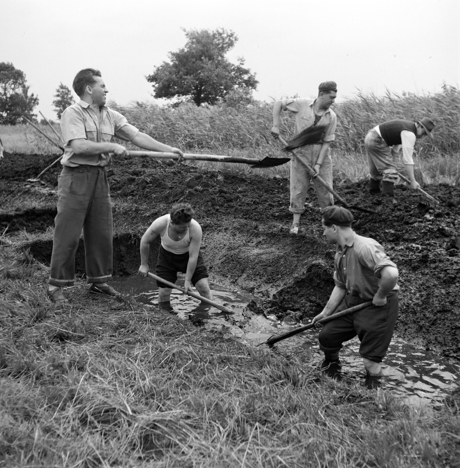 Hungary, vízelvezető árok építése a Hanságban., 1959, Szalay Zoltán, men, mud, shovel, Fortepan #190545