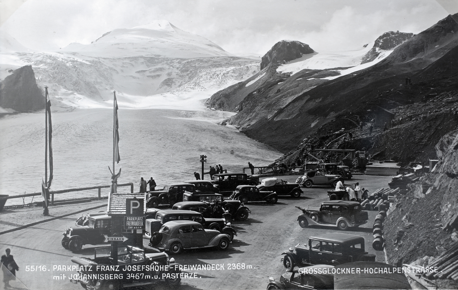 Austria, Heiligenblut am Glossglockner, Grossglockner Hochalpenstrasse, Freiwandeck parkoló. Balra a Pasterze gleccser., 1937, Kieselbach Gyula, Fortepan #191439