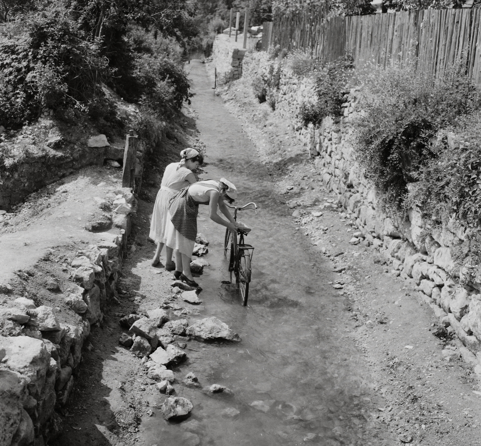 Hungary, Öskü, 1959, Kotnyek Antal, bicycle, genre painting, stream, Fortepan #19154
