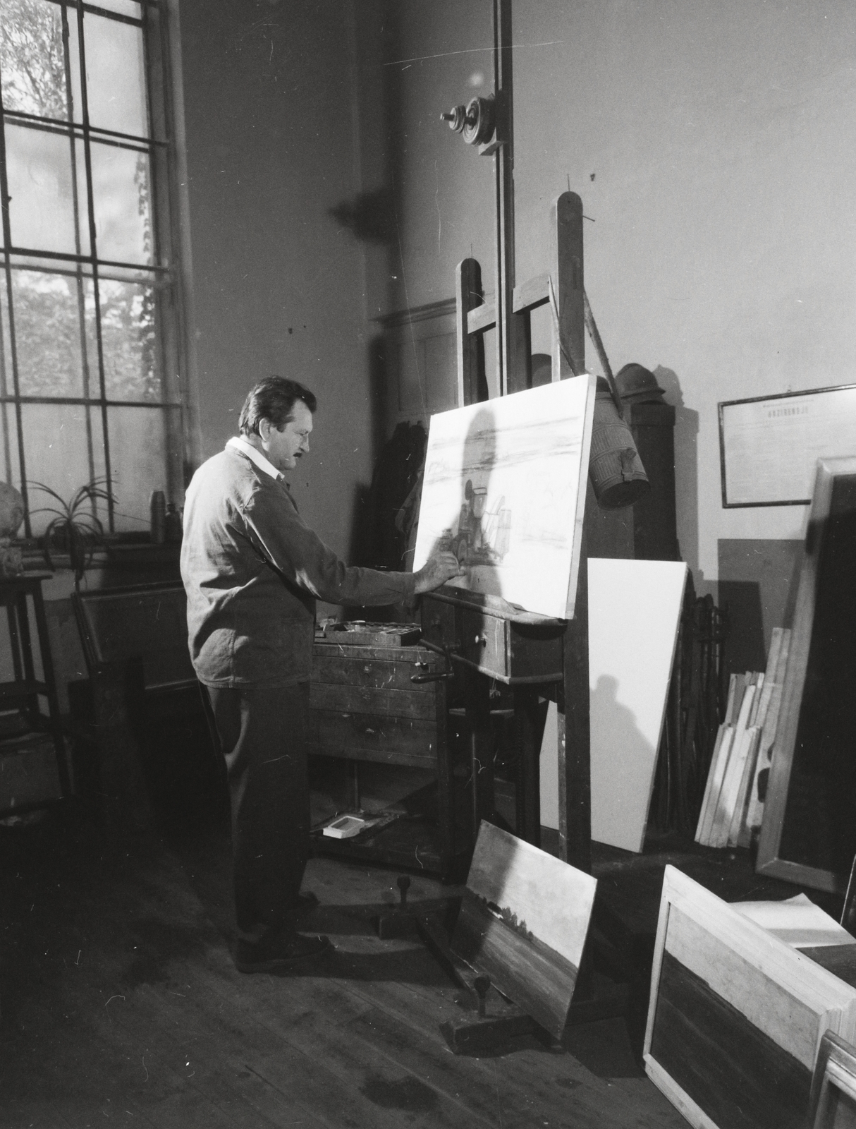Hungary, Budapest VIII., Százados úti Művésztelep, Kurucz D. István festőművész a műtermében., 1961, Kotnyek Antal, art, Budapest, studio, Fortepan #19162