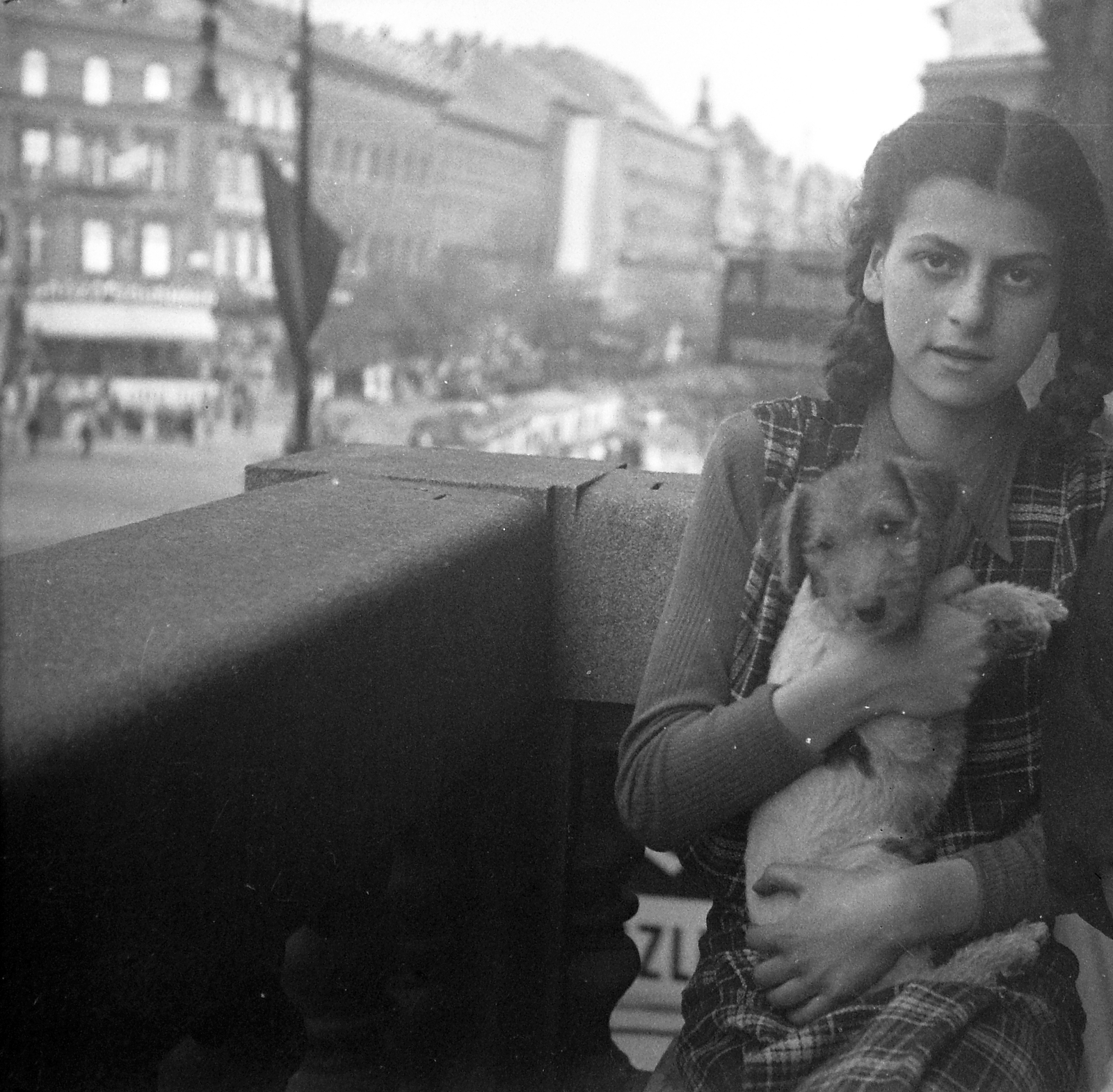 Hungary, Budapest VI., Teréz körút 18. I. emeleti erkélye, háttérben az Oktogon (Mussolini tér) és a Teréz körút Oktogon előtti házai., 1938, Rothman család, dog, balcony, Budapest, Fortepan #19255