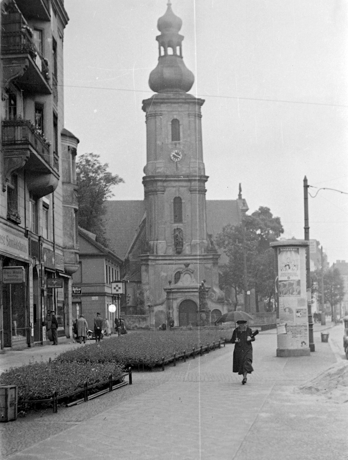 Poland, Wroclaw, Szent Mór templom., 1938, Wein Sarolta, poster, ad pillar, church clock, Fortepan #19360