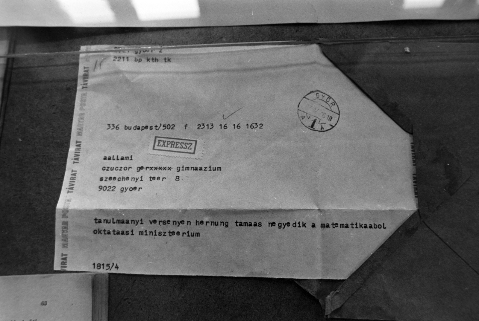 Hungary, Győr, Széchenyi tér 8., a Czuczor Gergely Bencés Gimnázium., 1977, Gábor Viktor, telegraph, message, Fortepan #194412