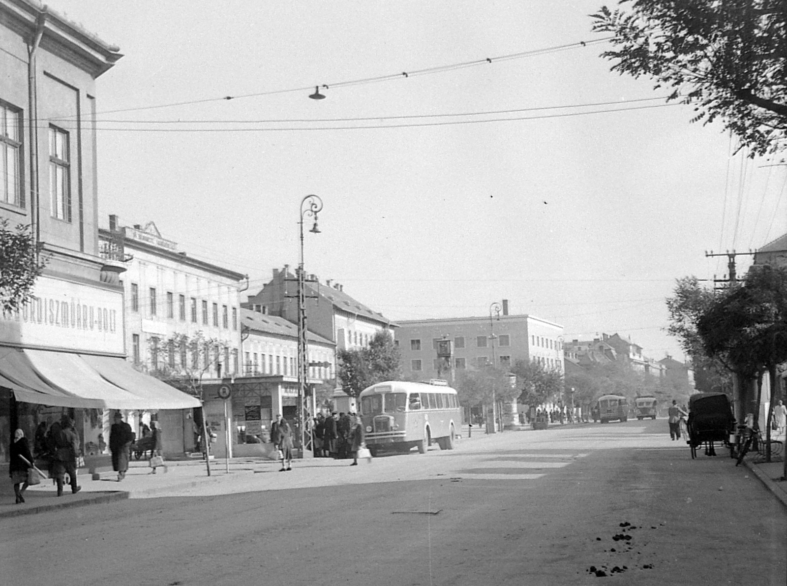 Hungary, Szolnok, Kossuth Lajos tér., 1954, Gyöngyi, traffic, bus, sign-board, candelabra, square, street view, MÁVAUT-organisation, coach, bus stop, lamp post, store display, Chausson-brand, cab-horse, Fortepan #1947