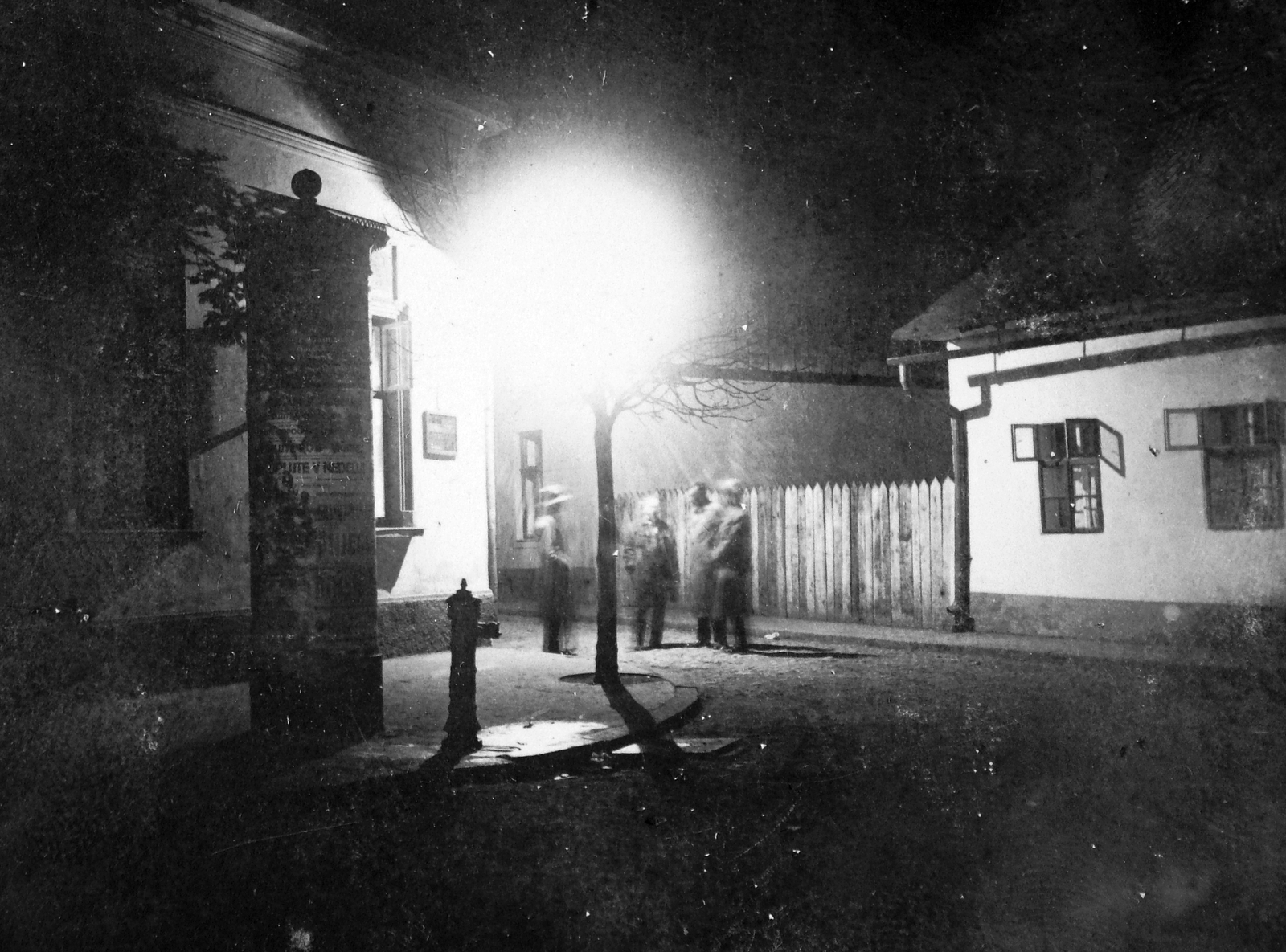 1923, Fortepan, poster, street view, genre painting, night, ad pillar, lath fence, men, window, house, Fortepan #19509