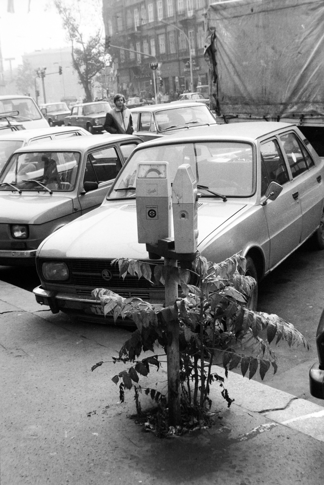 Hungary, Budapest V.,Budapest VIII., Károly (Tanács) körút, parkoló a Dob utcánál, balra távolabb az Astoria kereszteződés., 1985, Bojár Sándor, Skoda-brand, Budapest, Fortepan #195519