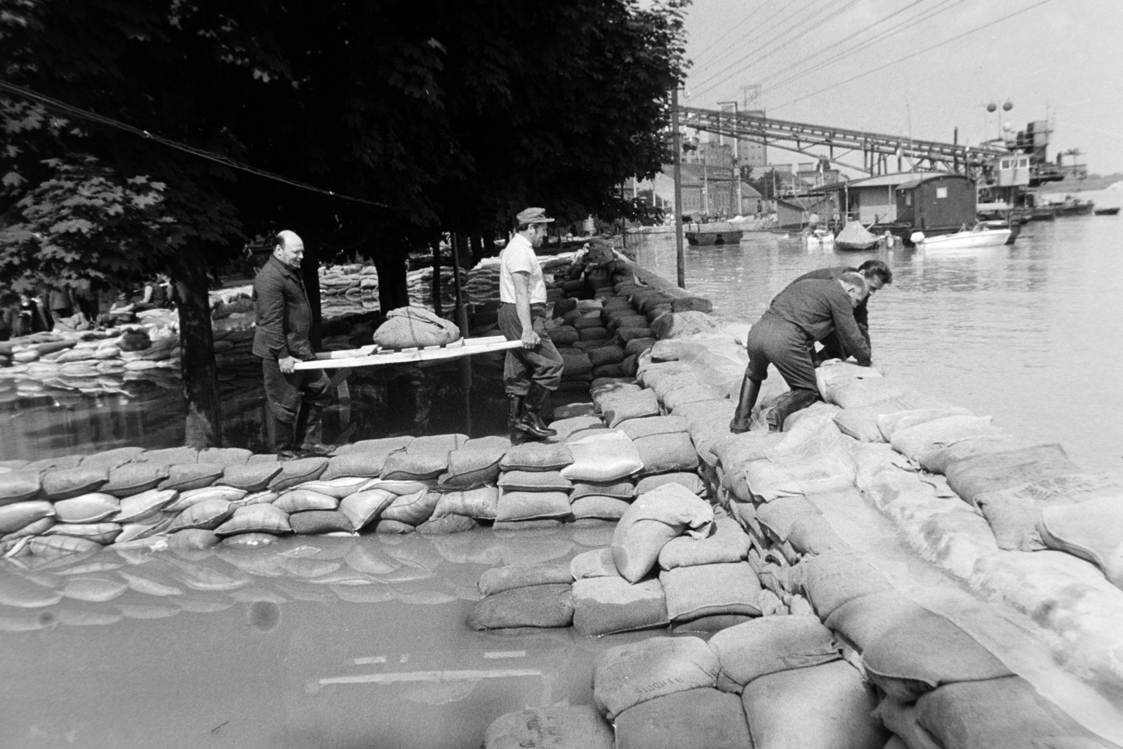 Hungary, Szeged, Tisza-part a Körösy József Gazdasági Szakképző Iskola környékén, háttérben a Pick szalámigyár. 1970. tavaszi árvíz., 1970, Bojár Sándor, sandbag, flood control, Fortepan #195703