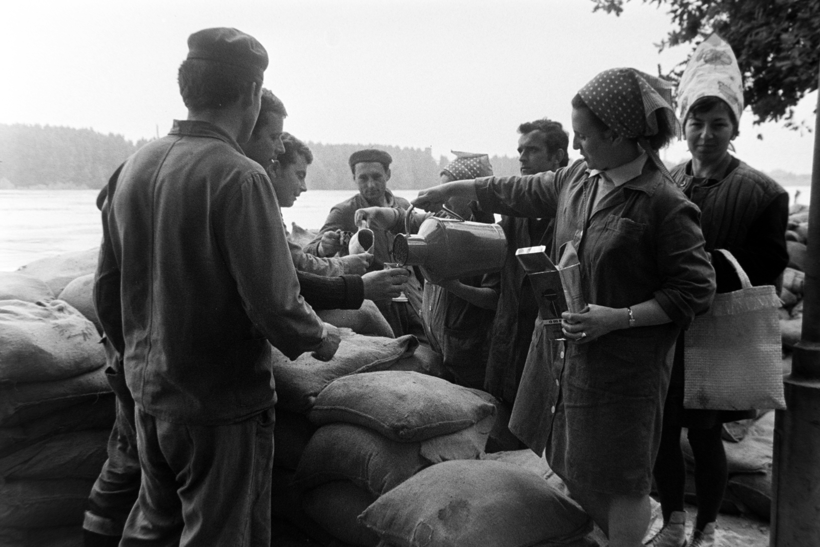 Hungary, Szeged, Korányi fasor a Somogyi utcánál. 1970. tavaszi árvíz., 1970, Bojár Sándor, glass, sandbag, can, Fortepan #195705