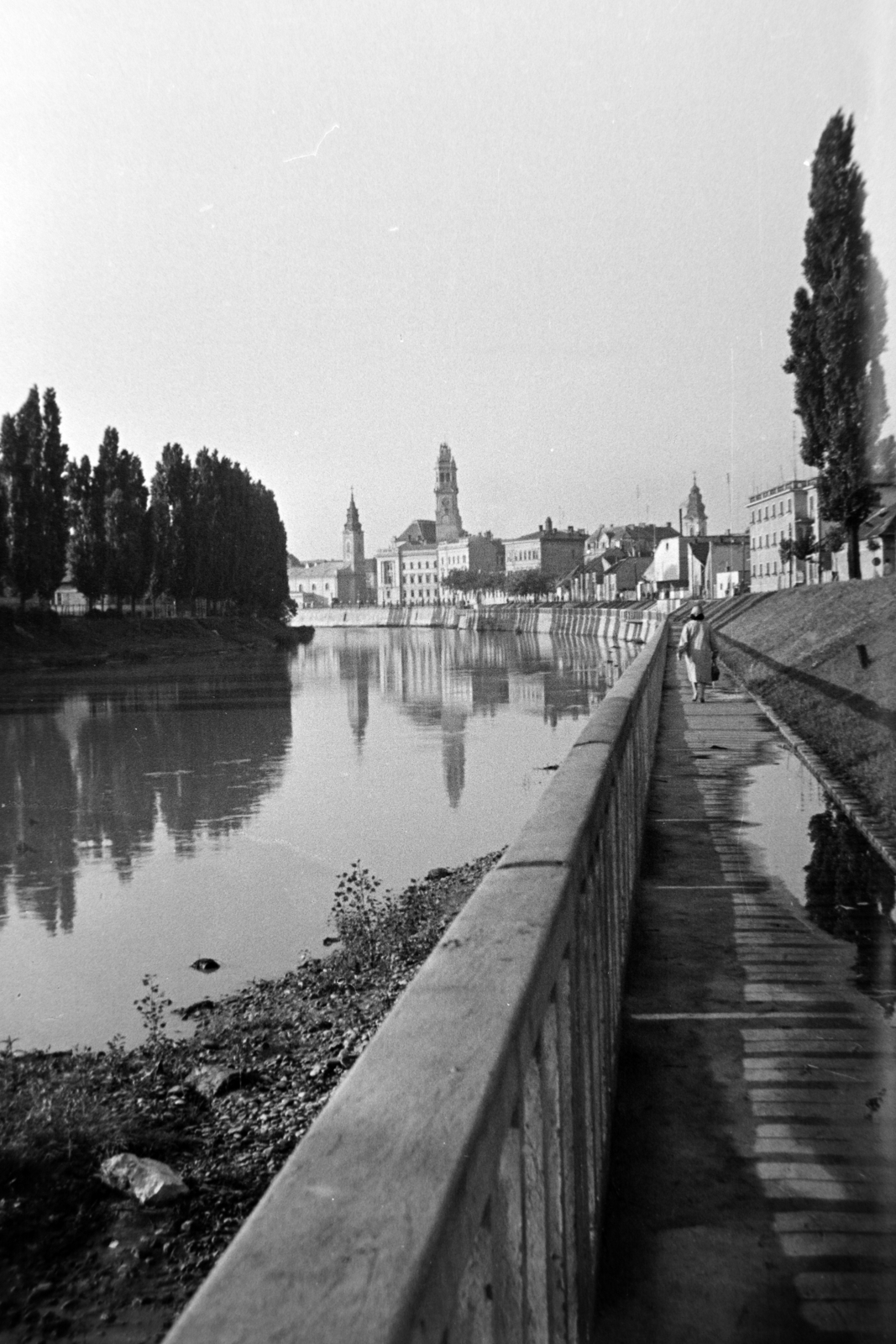 Romania,Transylvania, Oradea, a Sebes-Körös partja, szemben a legmagasabb torony a Városháza óratornya, tőle balra a Szent László-templom látható., 1965, Szűcs Lóránd, shore, Fortepan #196381