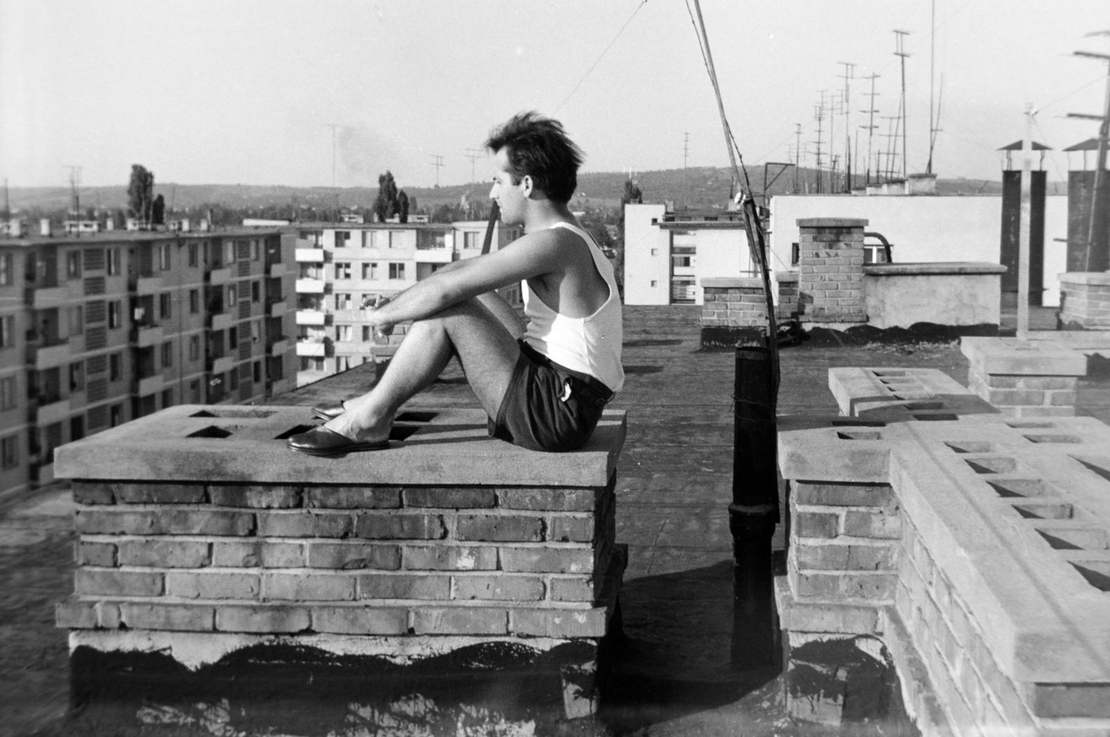 Romania,Transylvania, Oradea, Vitéz utca (Bulevardul Decebal), kilátás a 27. (ekkor 5.) számú ház tetőjéről észak felé., 1964, Szűcs Lóránd, chimney, t-shirt, sitting on the roof, Best of, Fortepan #196392