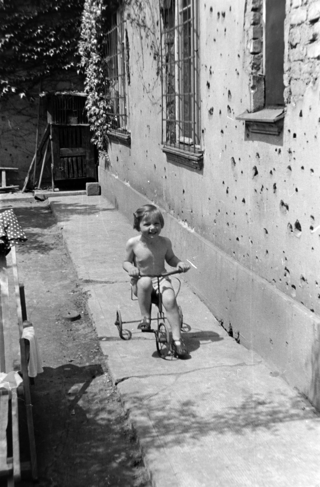 Magyarország, Budapest XI., a felvétel a Károli Gáspár tér 9. számú ház kertjében készült., 1955, Martin Kornél, Budapest, kislány, nyár, golyónyom, gyerektricikli, Fortepan #196883