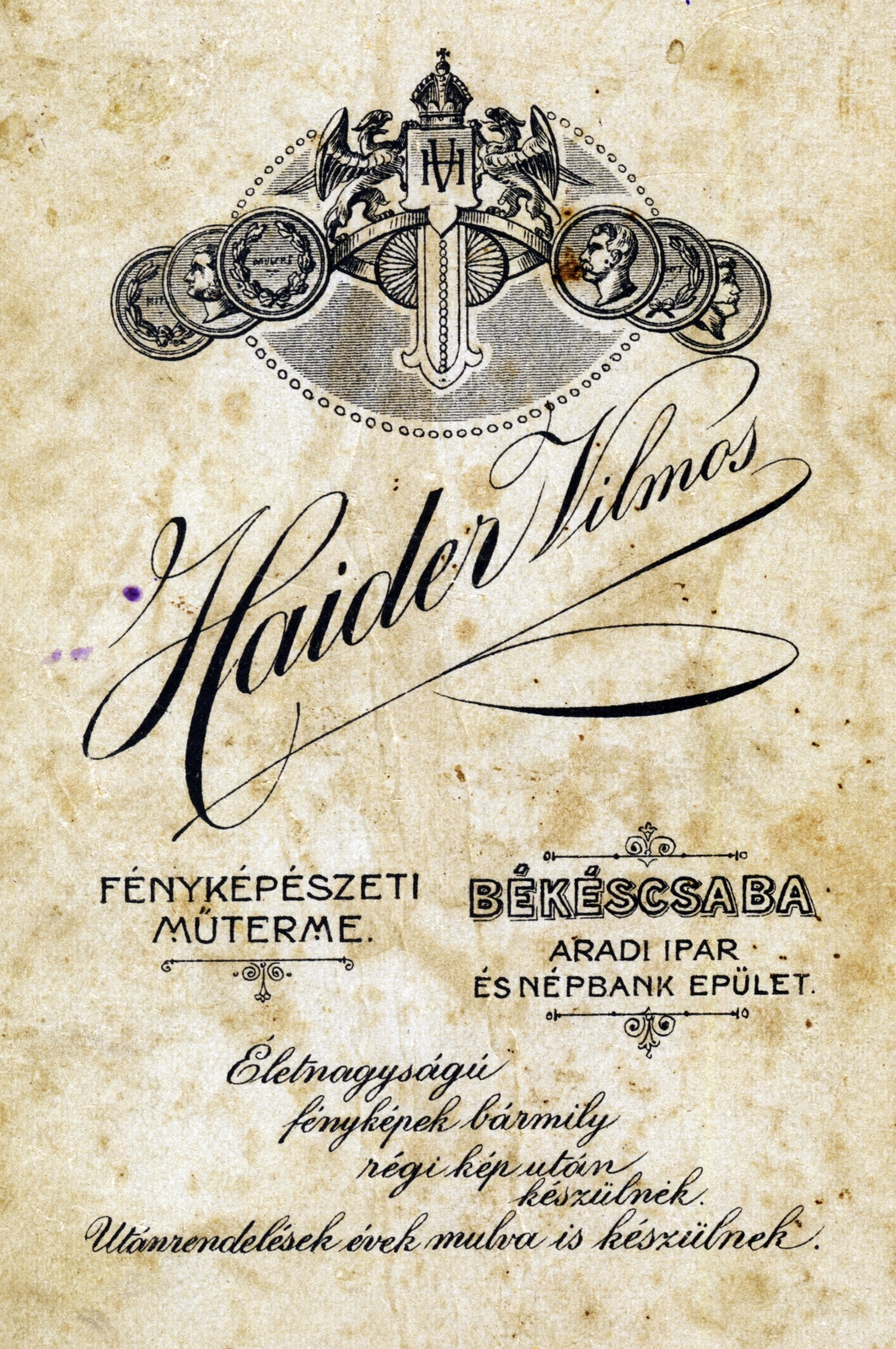 Hungary, Békéscsaba, az Arad Ipar és Népbank épületében, Haider Vilmos fényképészeti műterme., 1909, Bessenyei István, verso, photographer, studio, Fortepan #197031