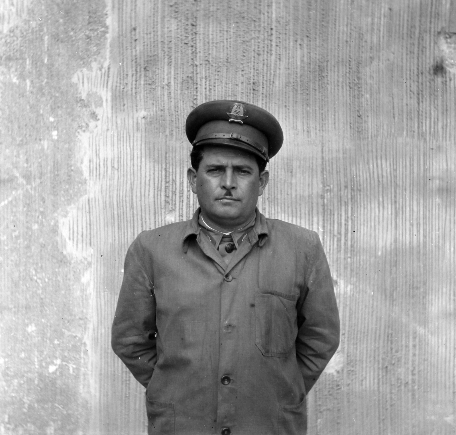 1955, Keveházi János, moustache, man, uniform, peaked cap, portrait, hands behind the back, Fortepan #197172