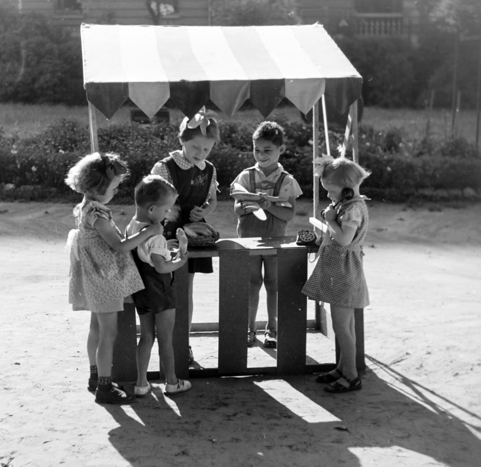 1955, Keveházi János, photo aspect ratio: square, kids, awning, toy, Fortepan #197306