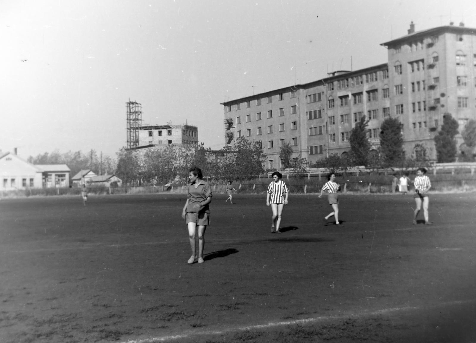 Hungary, Budapest X., Maglódi út 4., sportpálya, háttérben a Növényolaj és Szappangyár., 1956, Keveházi János, soccer field, Budapest, Fortepan #197412