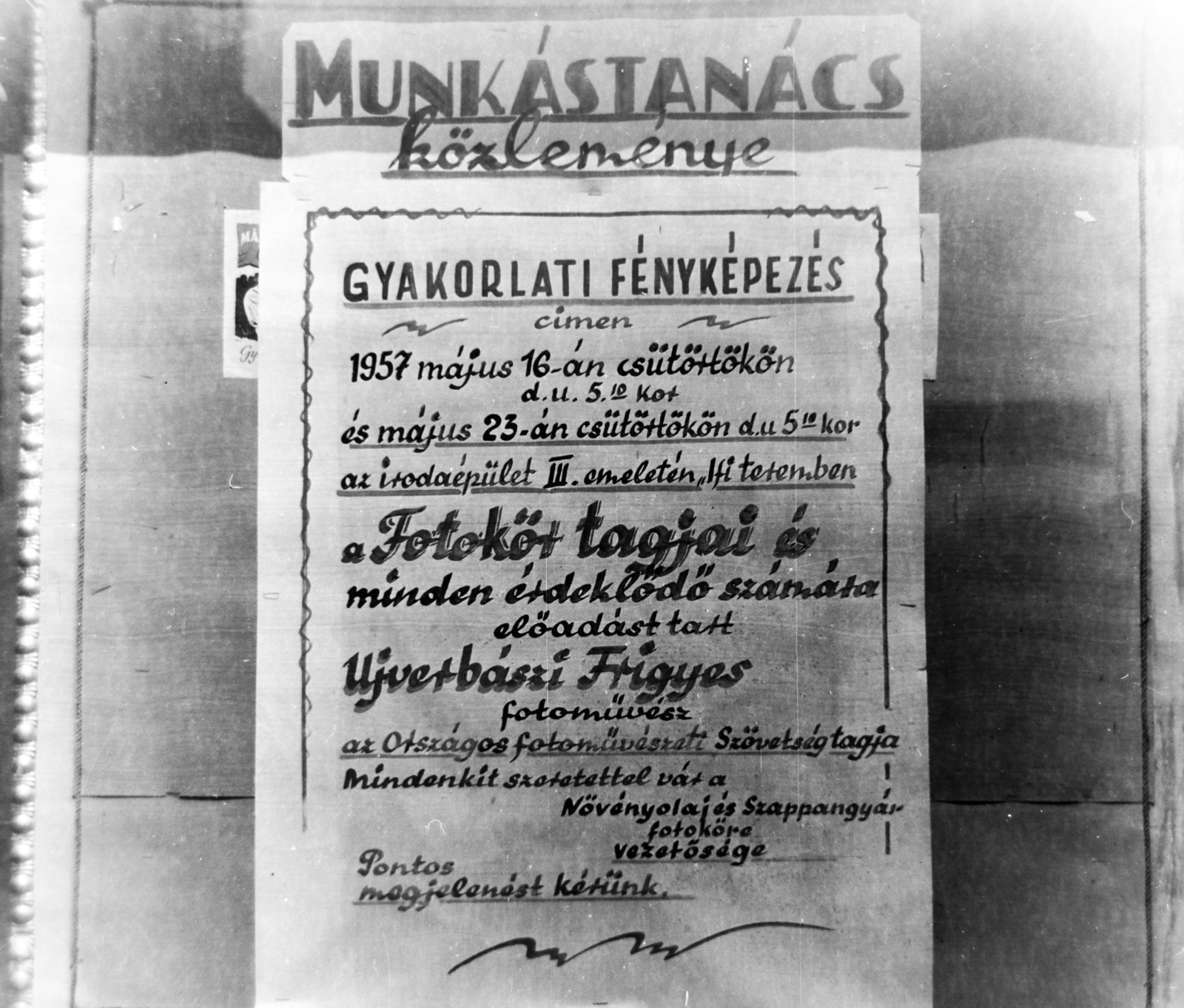 Magyarország, Budapest X., Maglódi út 6., Növényolaj és Szappangyár, a Fotókör plakátja., 1957, Keveházi János, plakát, fotózás, Budapest, Fortepan #197455