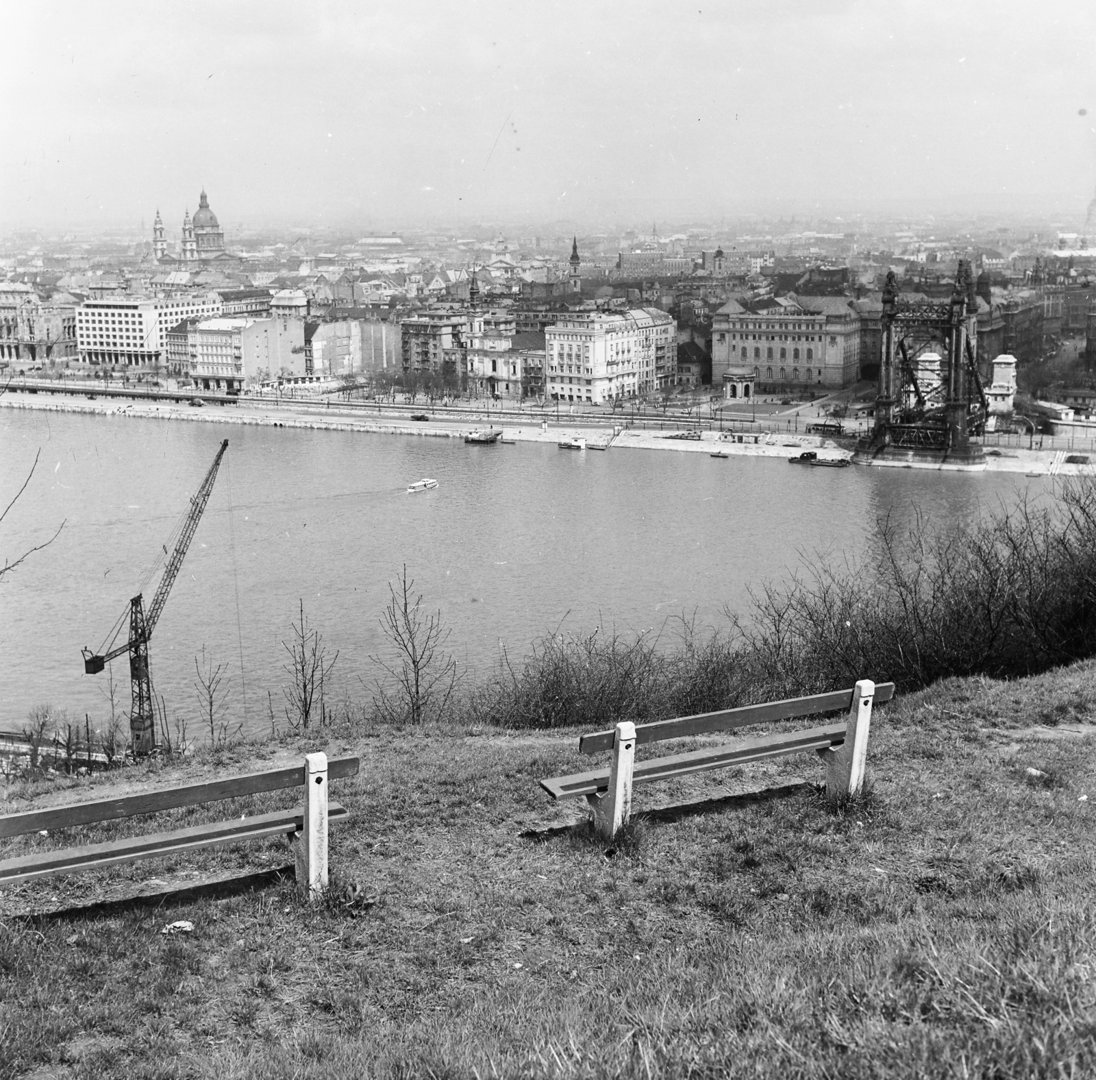 1958, Keveházi János, picture, crane, wrecked bridge, photo aspect ratio: square, Fortepan #197673