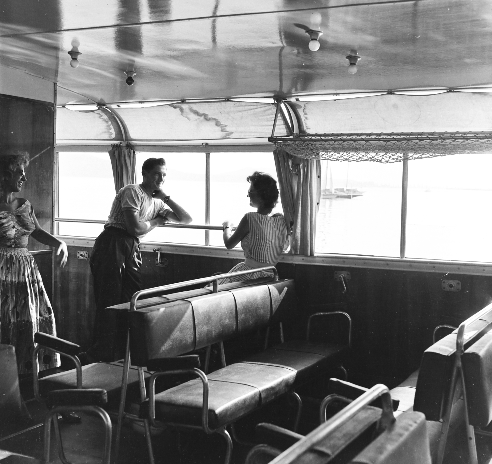 1959, Keveházi János, ship, talks, cabin, Lake Balaton, boat trip, Fortepan #197705