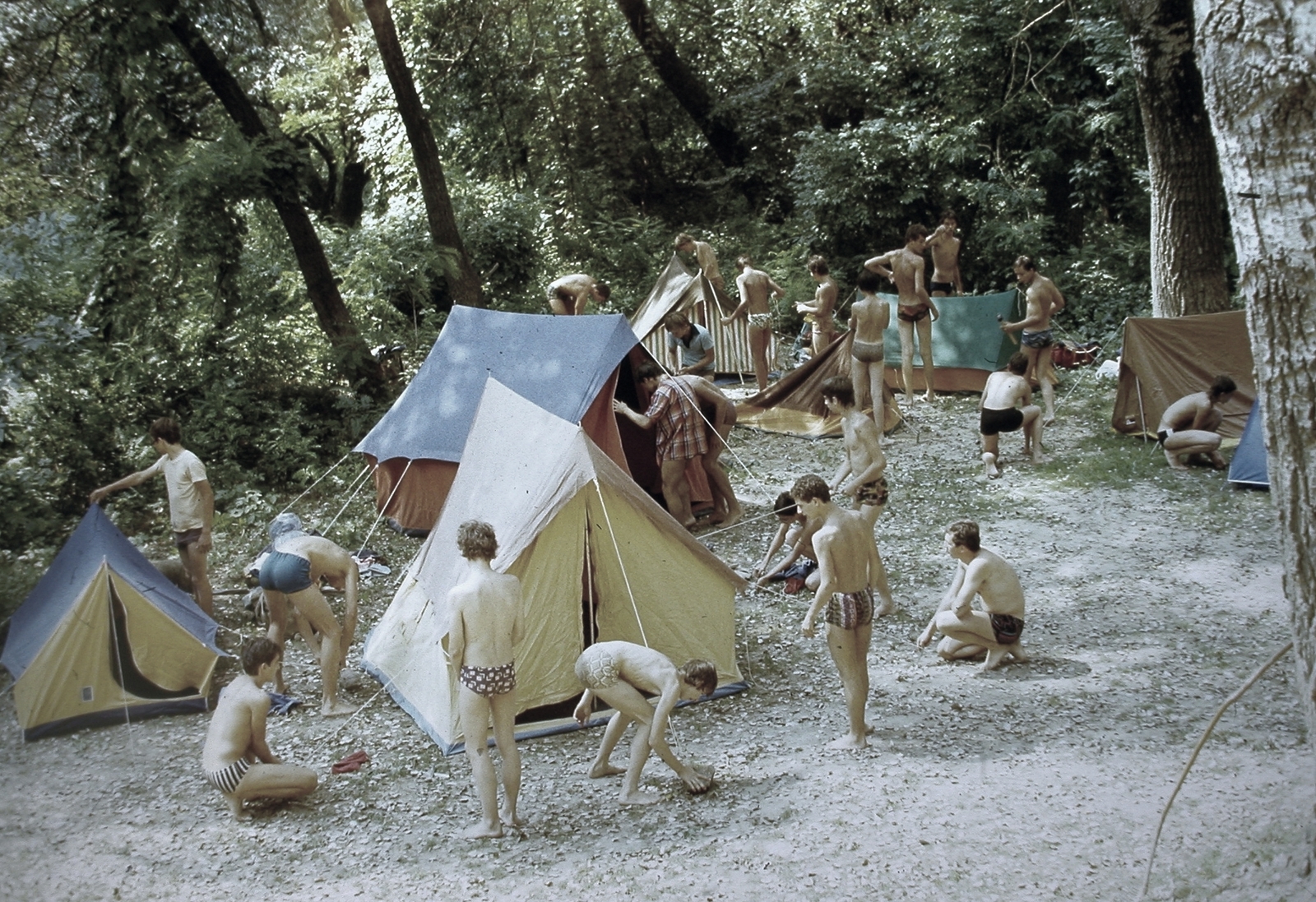 1983, Fortepan, woods, bathing suit, colorful, summer, boys, barefoot, camping site, half-naked, Fortepan #19821